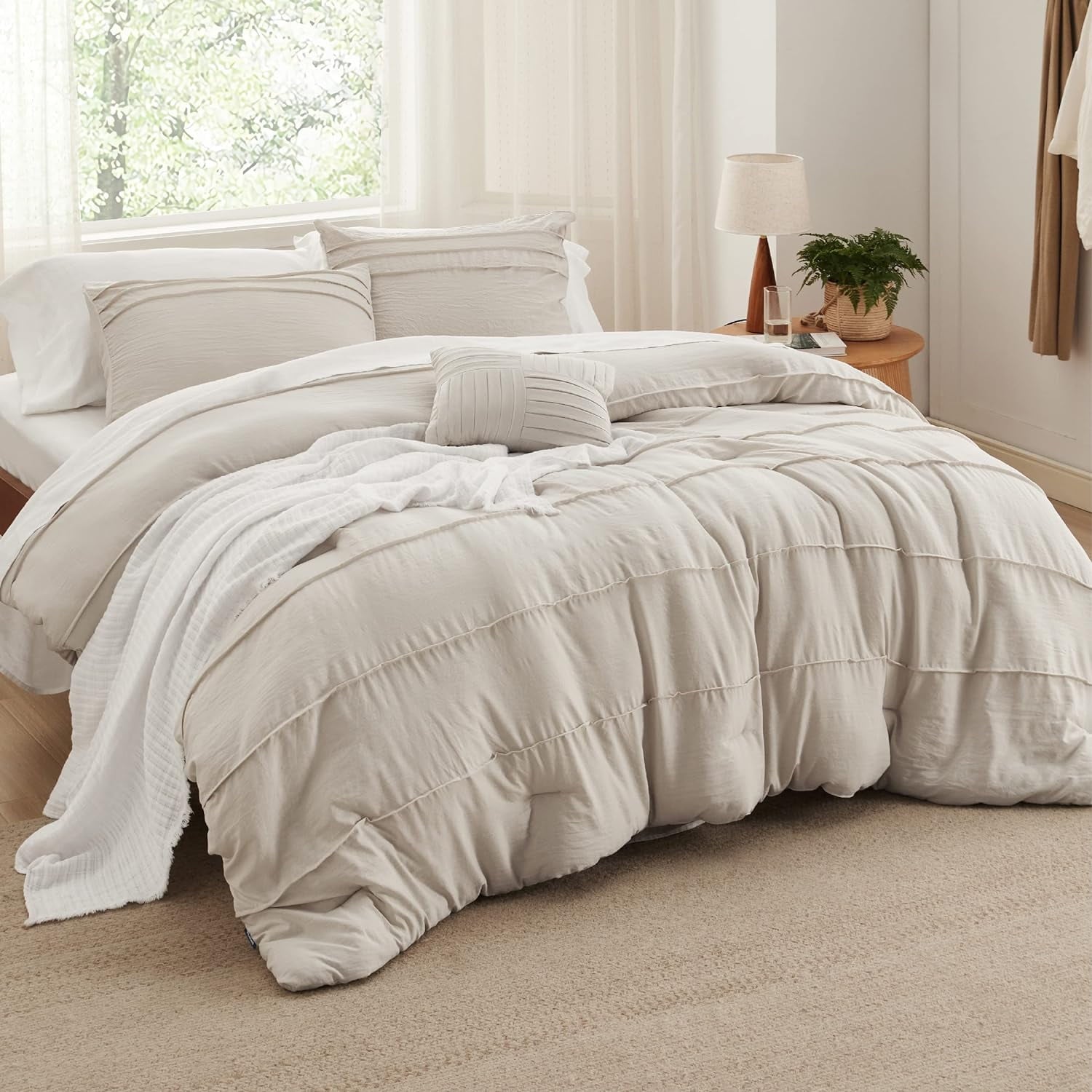 Cozy Comfort Beige Full Comforter Set - 4 Pieces Pinch Pleat Bed Set, Down Alternative Warm Bedding Sets for All Season, 1 Comforter, 2 Pillowcases, 1 Decorative Pillow