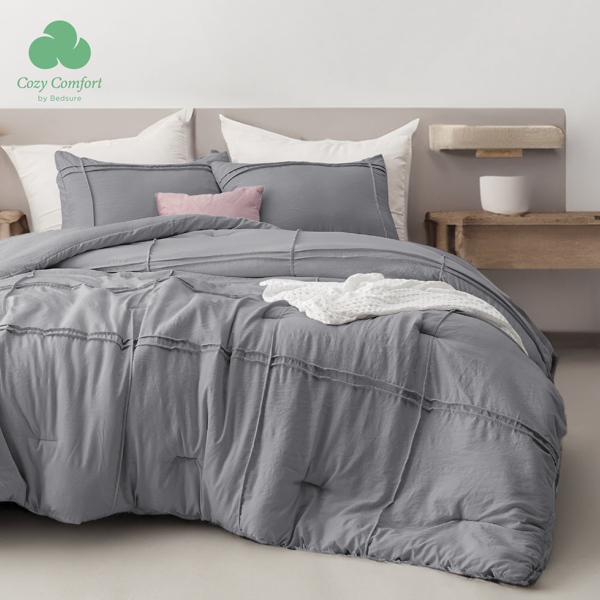 Cozy Comfort by Bedsure Queen Comforter Set with Sheet - 4 Pieces Soft Grey Bedding Sets, Grid Pinch Pleat, All Season Lightweight Fluffy Bed Set with Solid Boho Comforter, Pillowcases & Sheet