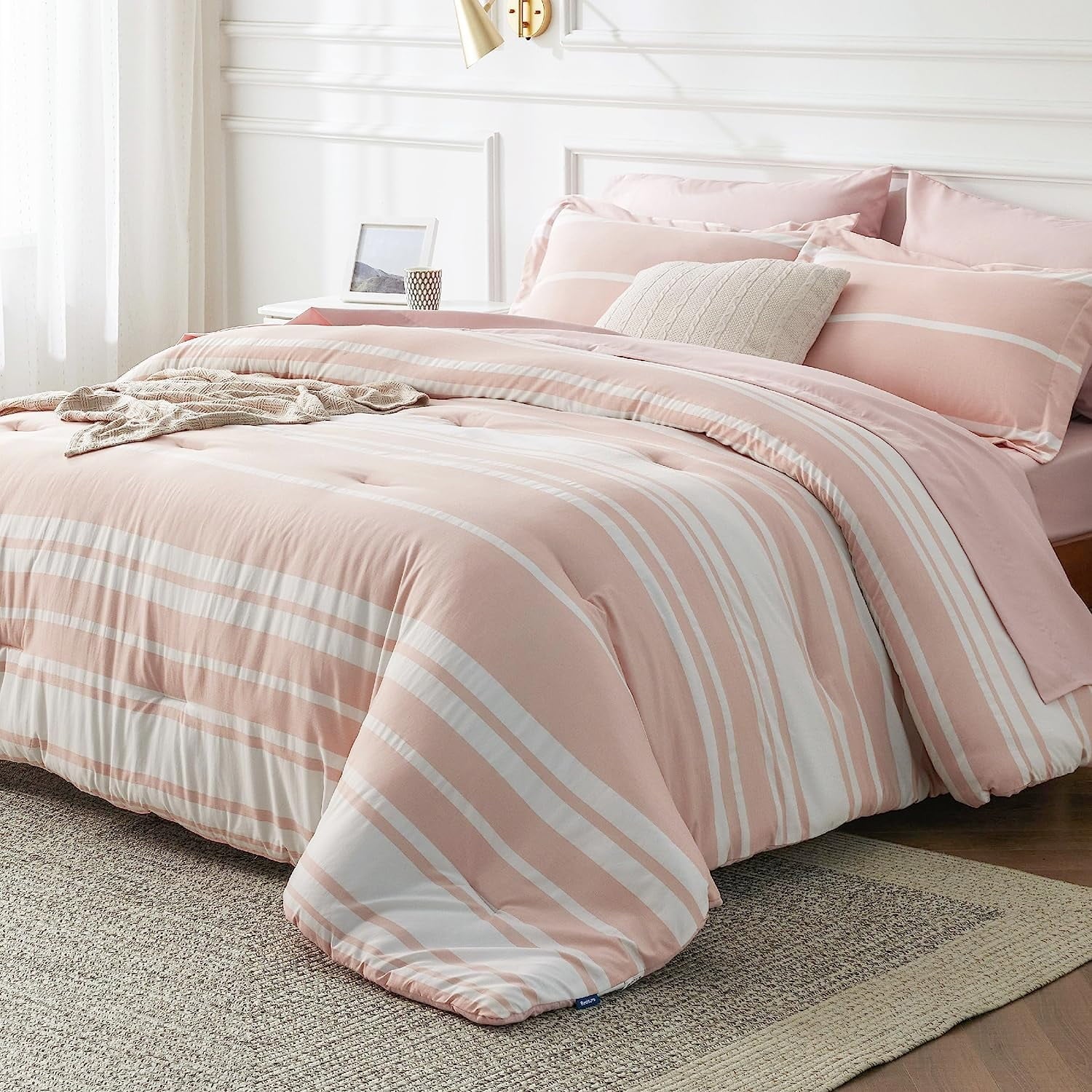 Cozy Comfort Bed in a Bag King Size 7 Pieces, Light Pink White Striped Bedding Comforter Sets All Season Bed Set, 2 Pillow Shams, Flat Sheet, Fitted Sheet and 2 Pillowcases