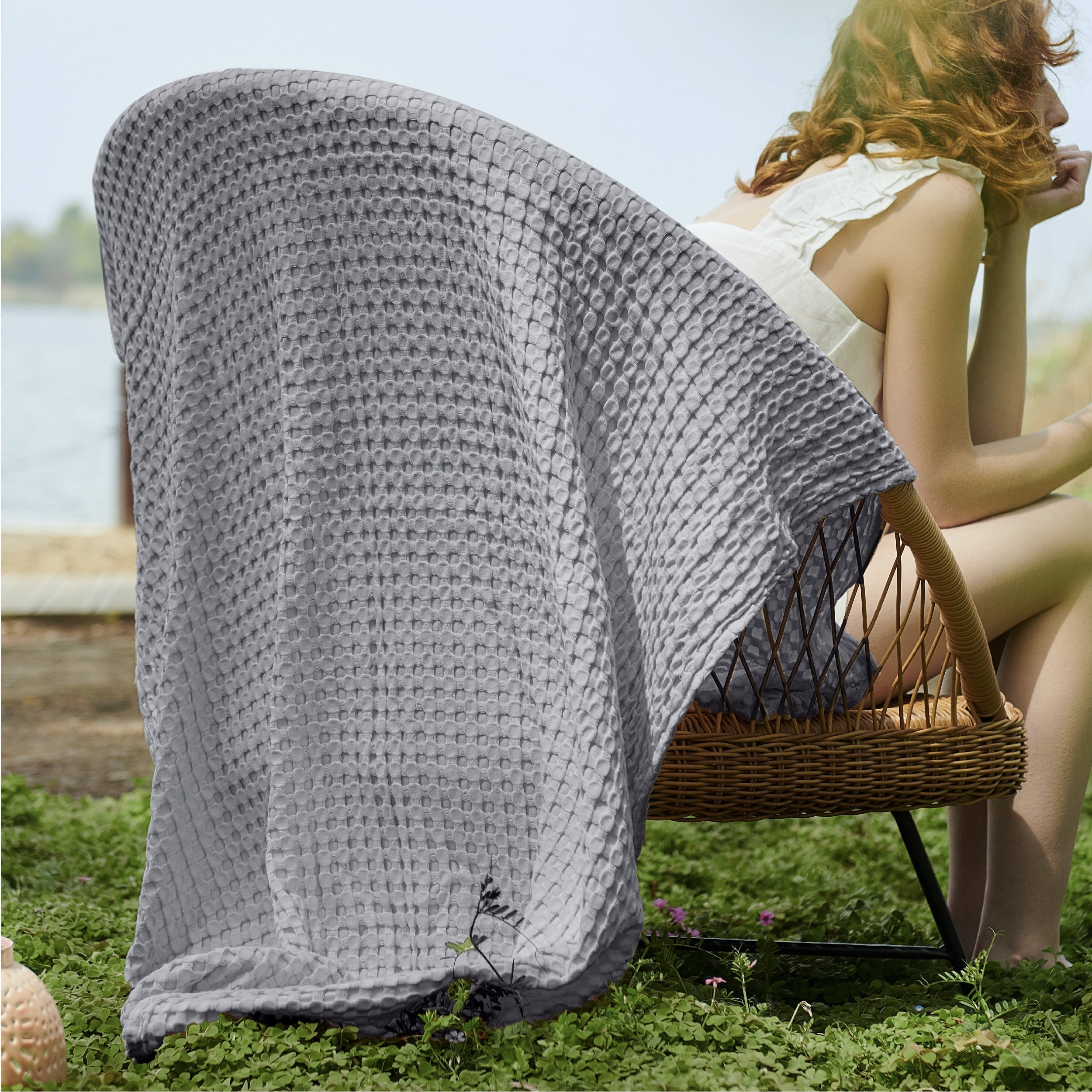 Cozy Comfort Cooling Cotton Waffle Blanket Twin XL, Breathable Rayon Derived from Bamboo,Grey,66x90 inches