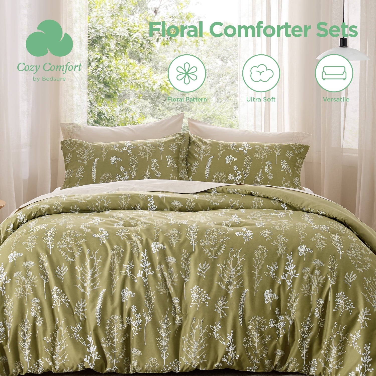 Cozy Comfort 3 Pieces Olive Green Full Size Comforter Sets Cute Flowers Botanical Lightweight Soft Bedding Set With 2 Pillow Shams