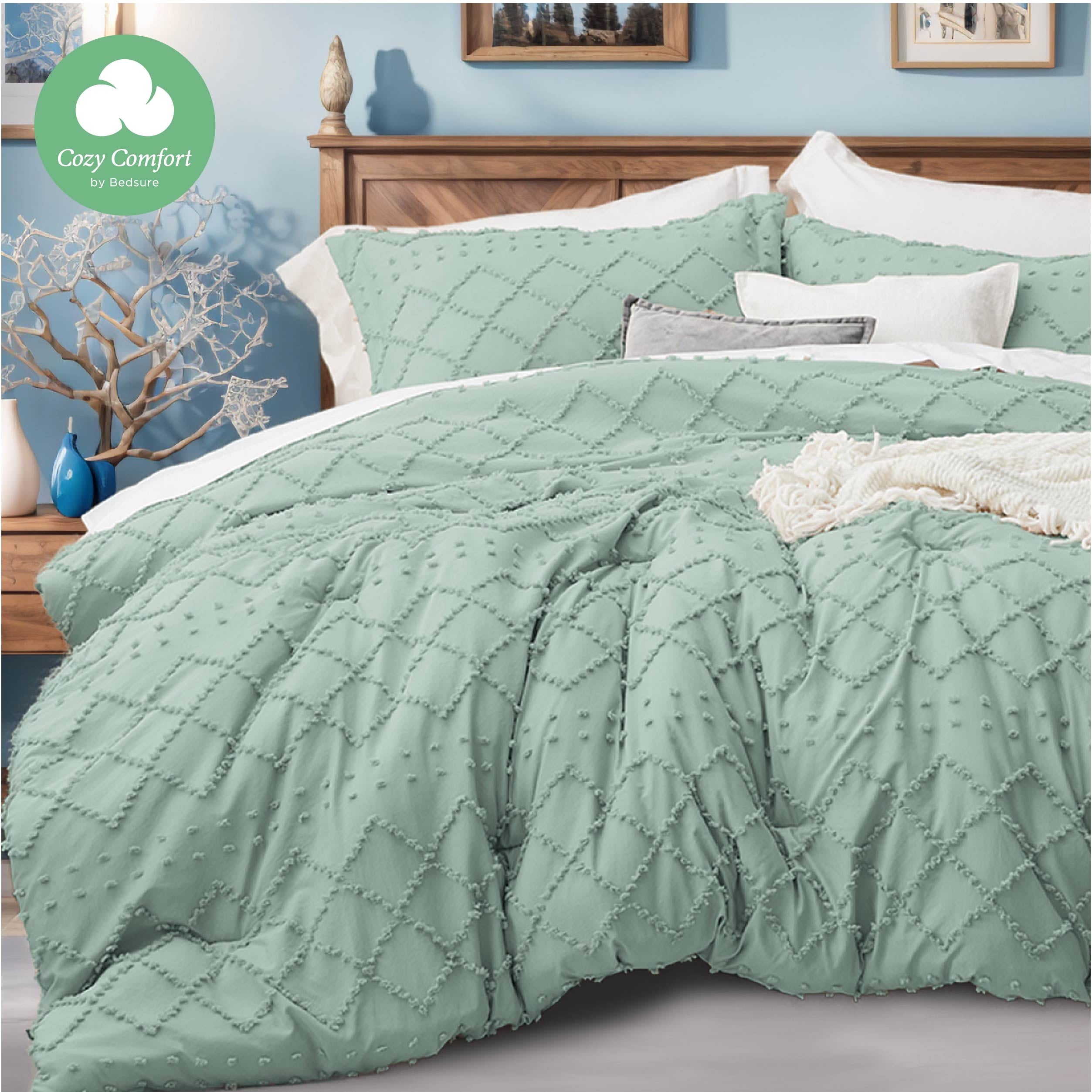 Cozy Comfort Comforter Set Boho Tufted Shabby Chic Bedding Comforter Set 2 Pieces Vintage Farmhouse Bed Set for All Seasons Soft Bedding Set with 1 Pillow Sham Twin Jadeite