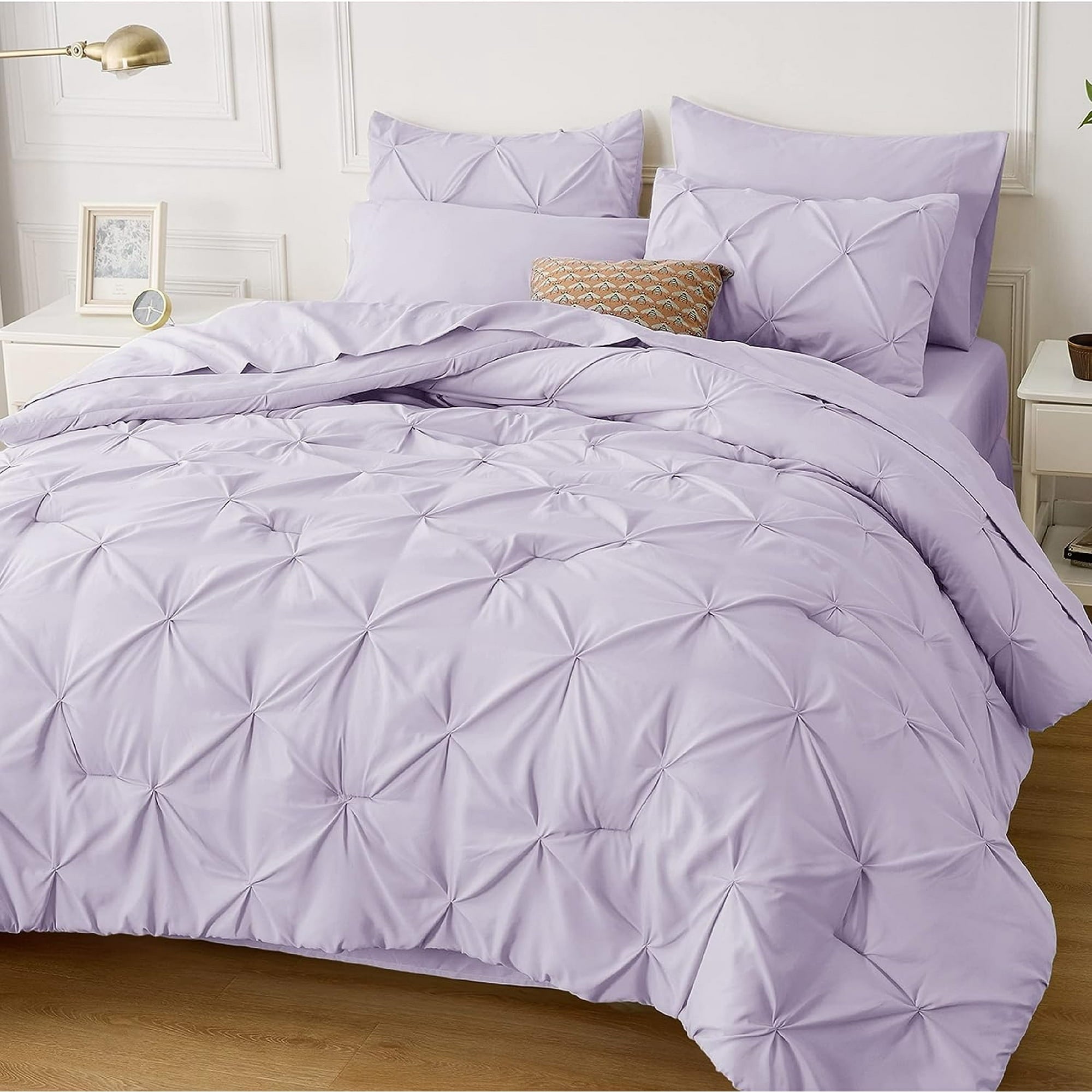 Cozy Comfort Cal King Comforter Set Purple - 7 Pieces Pintuck Bed In A Bag, Bed Set With Comforters, Sheets, Pillowcases & Shams