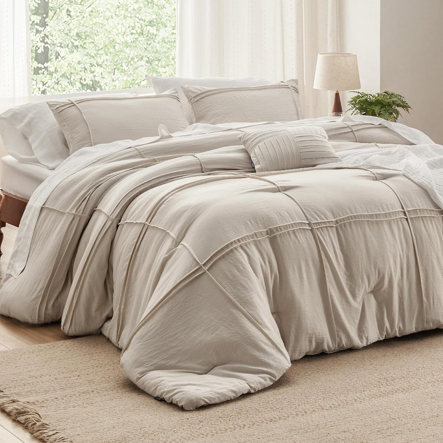 Cozy Comfort Beige Full Size Comforter Set - 4 Pieces Grid Pleated Bed Set, Down Alternative Warm Bedding Sets for All Season, 1 Comforter, 2 Pillowcases, 1 Decorative Pillow