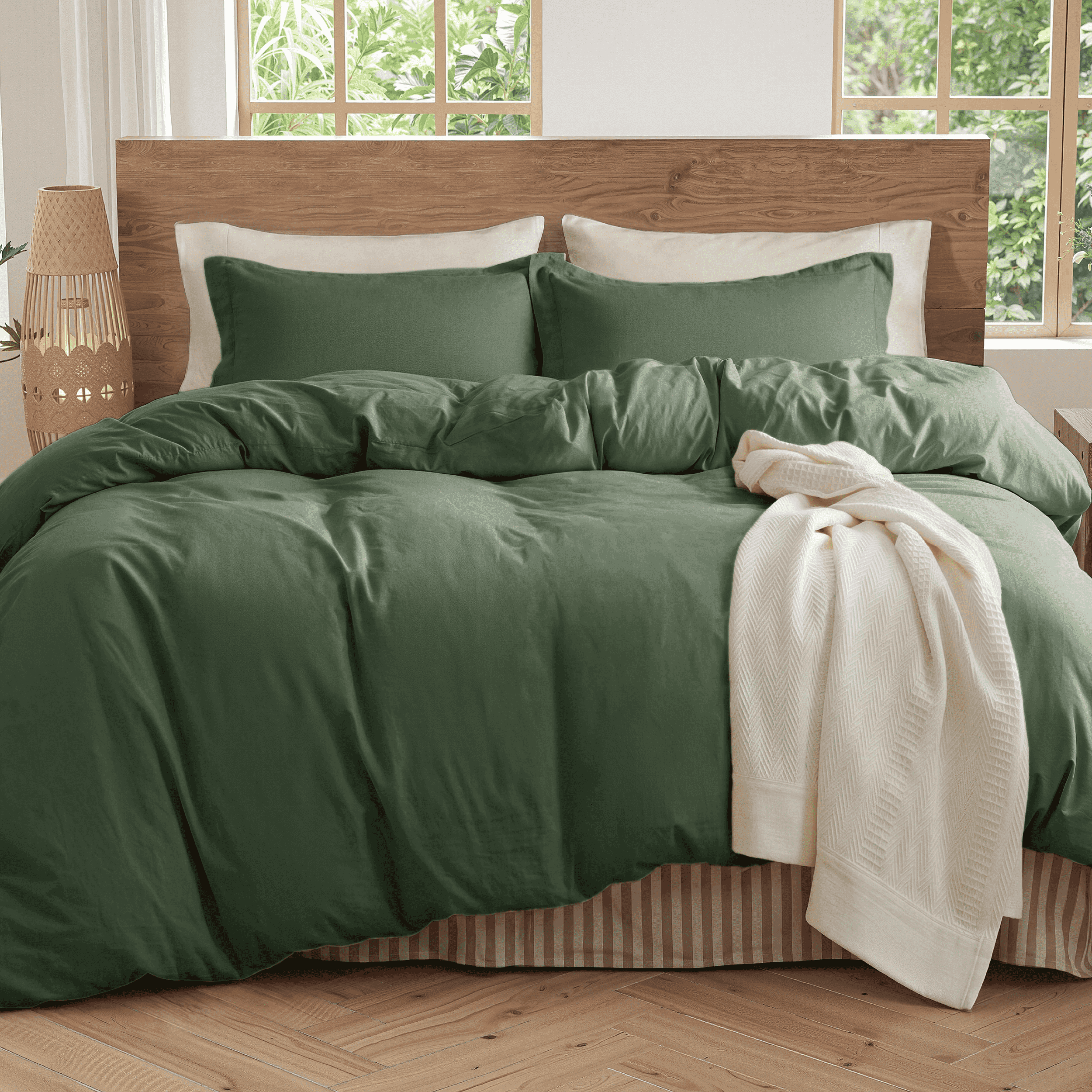 U by Bedsure 100% Washed Cotton Duvet Cover King Size, Purewoven Plain Simple & Soft Comforter Cover for All Seasons(Olive Green, King) New