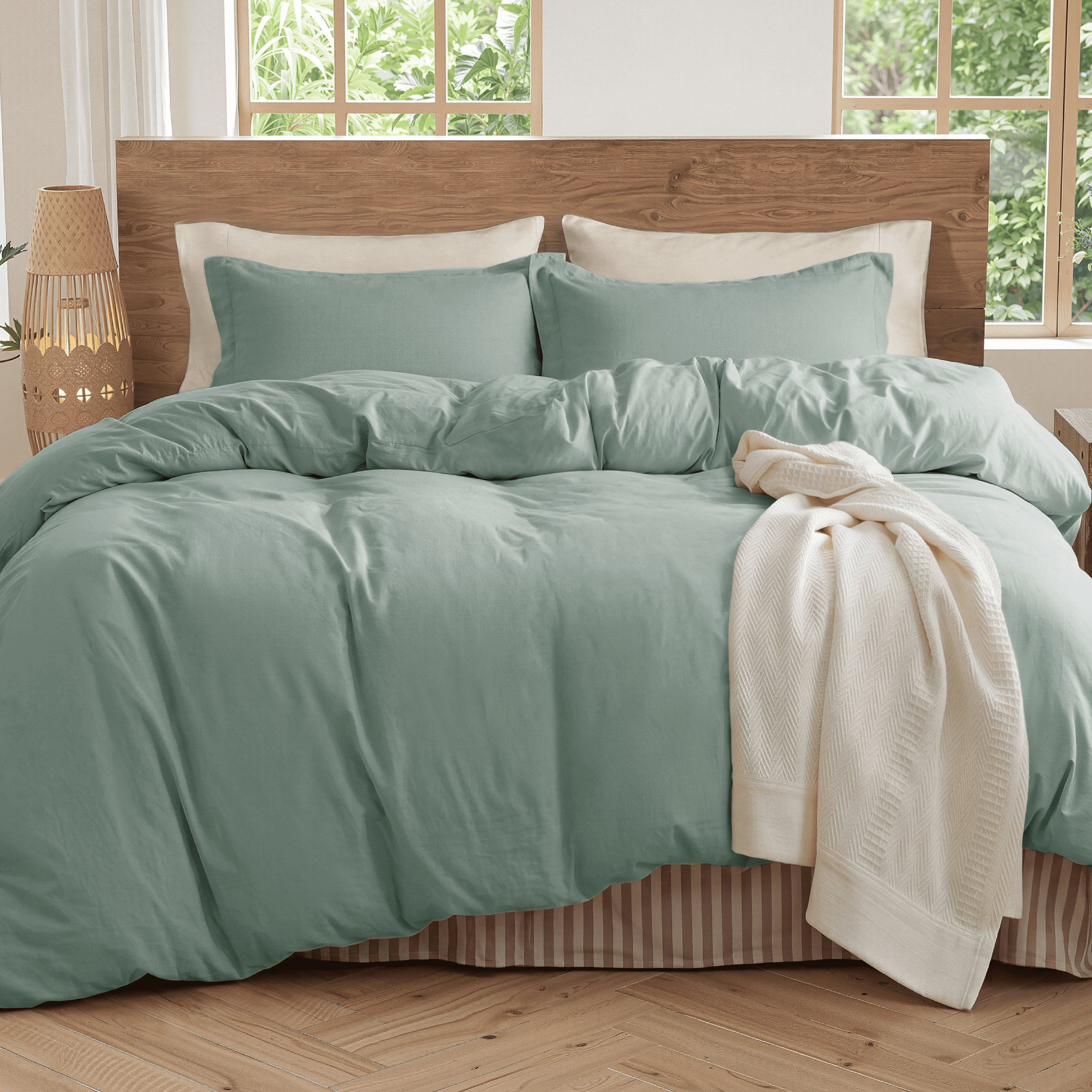 U by Bedsure 100% Washed Cotton Duvet Cover King Size, Purewoven Plain Simple & Soft Comforter Cover for All Seasons(Sage Green, King) New