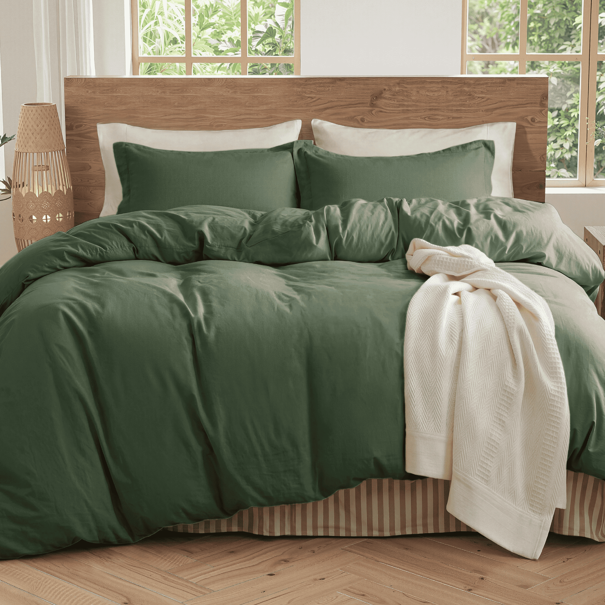 U by Bedsure 100% Washed Cotton Duvet Cover Queen Size, PureWoven Plain Simple & Soft Comforter Cover for All Seasons(Olive Green, Queen) New