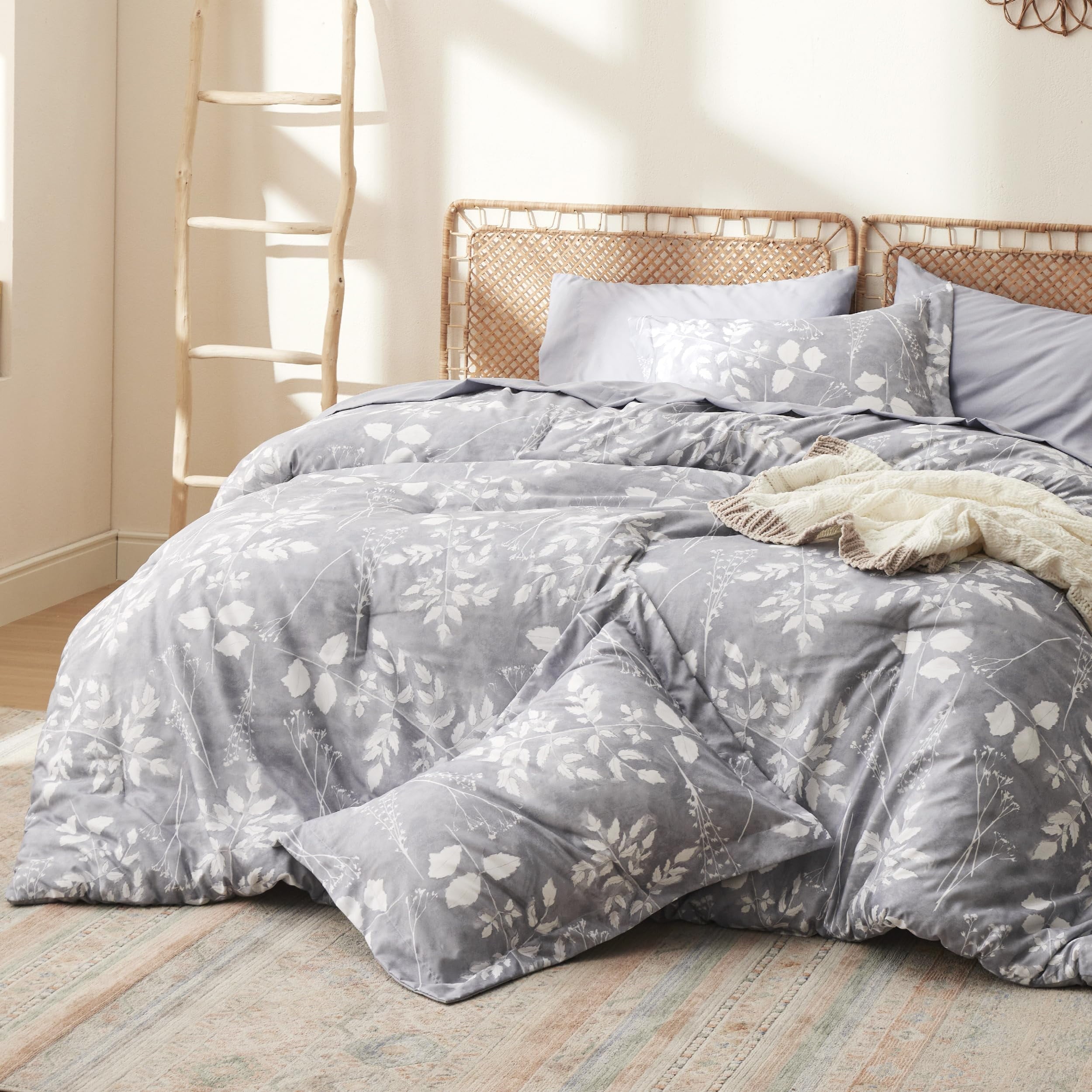 Cozy Comfort by Bedsure Grey Queen Comforter Set - 7 Pieces Floral Bedding Sets Queen Bed in a Bag with Reversible Botanical Flowers Comforter, Sheets, Pillowcases & Shams