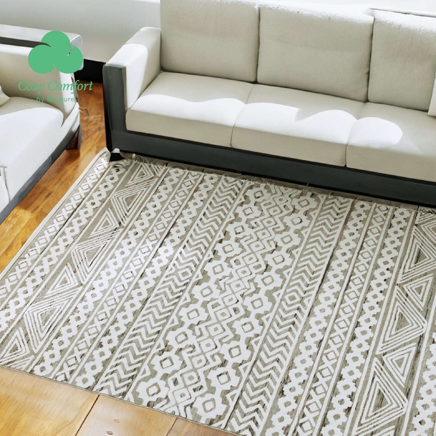 Cozy Comfort 5x7 Area Rugs for Living Room, Machine Washable Modern Boho Style Rug, Non-Slip Backing, Non-Shedding, Low Pile Easy Care Throw Rugs for Bedroom Dining Room, Khaki