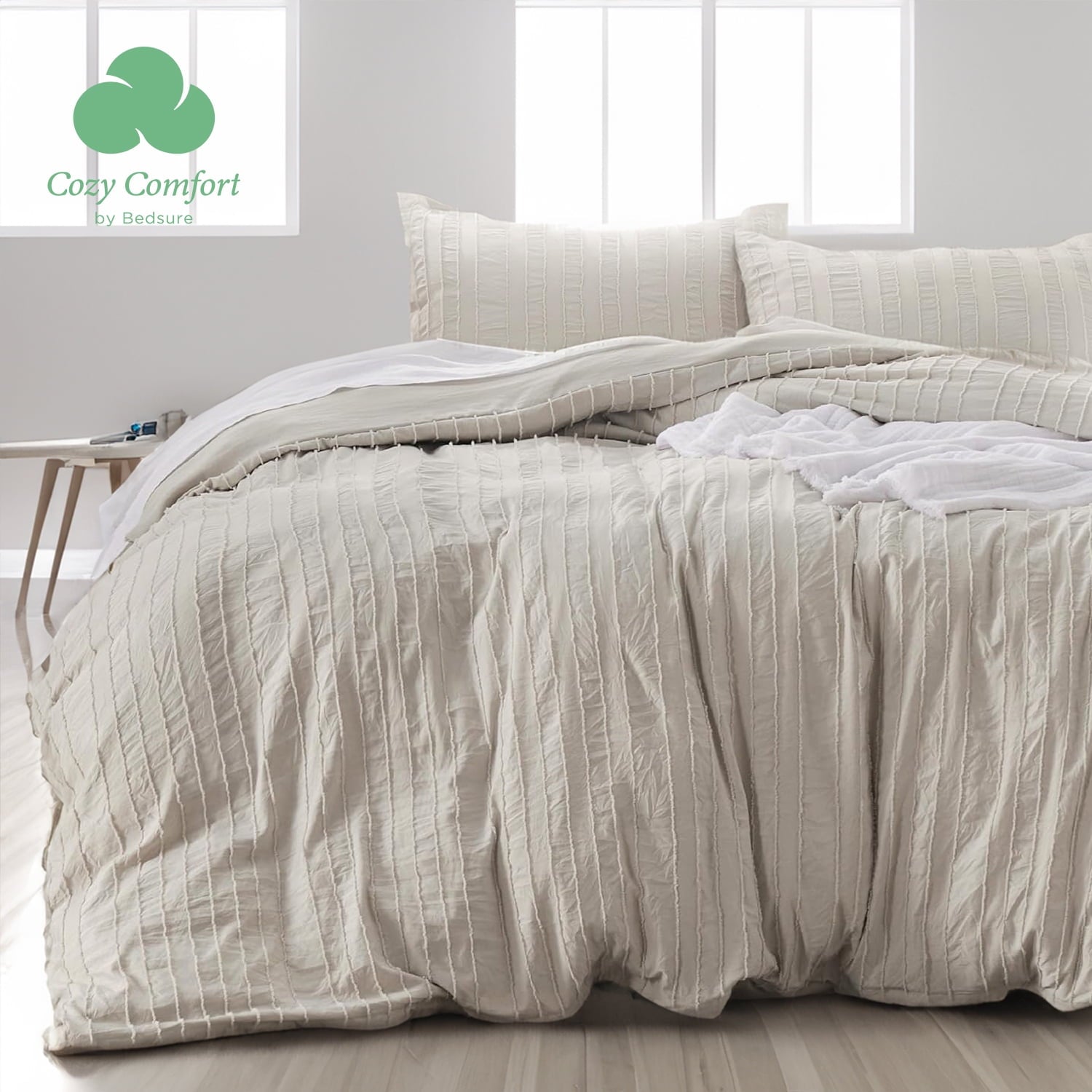 Cozy Comfort Boho Comforter Set Queen  Linen Color Tufted 3 Pieces Farmhouse Shabby Chic Embroidery Bed Set Striped Pattern Comforter for All Seasons
