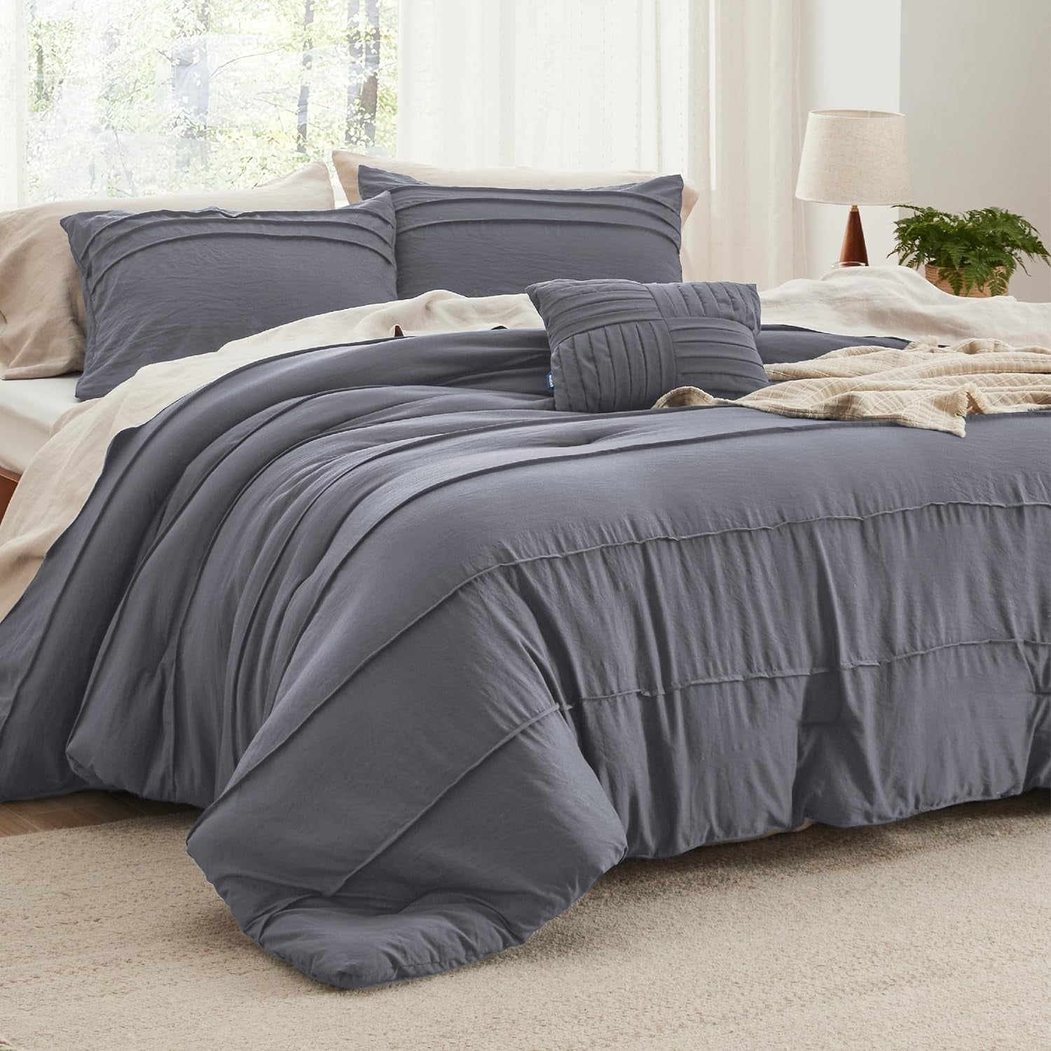 Cozy Comfort Dark Grey King Size Comforter Set - 4 Pieces Pinch Pleat Bed Set, Down Alternative Bedding Sets for All Season, 1 Comforter, 2 Pillowcases, 1 Decorative Pillow