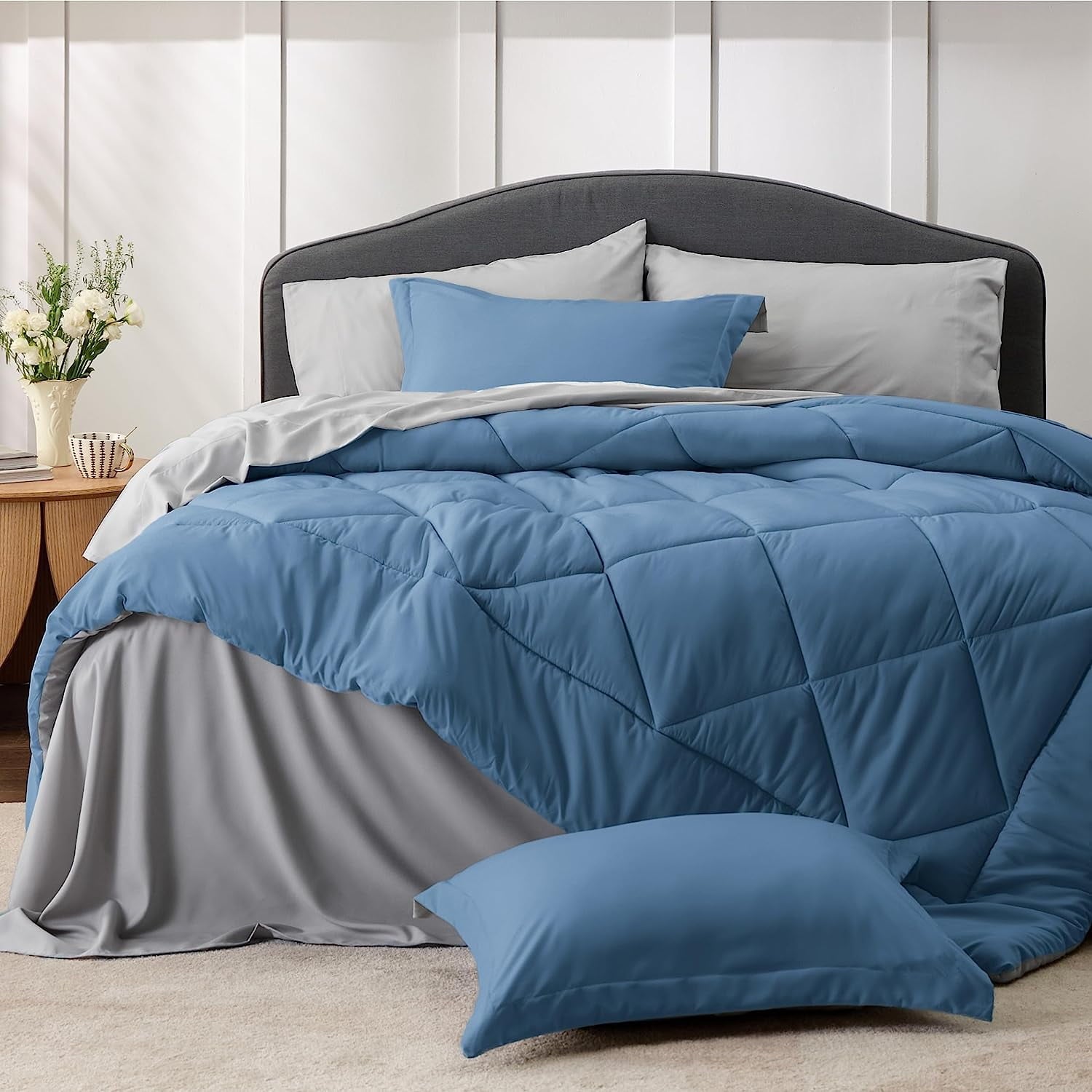 Cozy Comfort by Bedsure Blue Comforter Set Queen - 7 Pieces Reversible Blue Bed in a Bag with Comforters, Sheets, Pillowcases & Shams, Queen Blue Bed Set