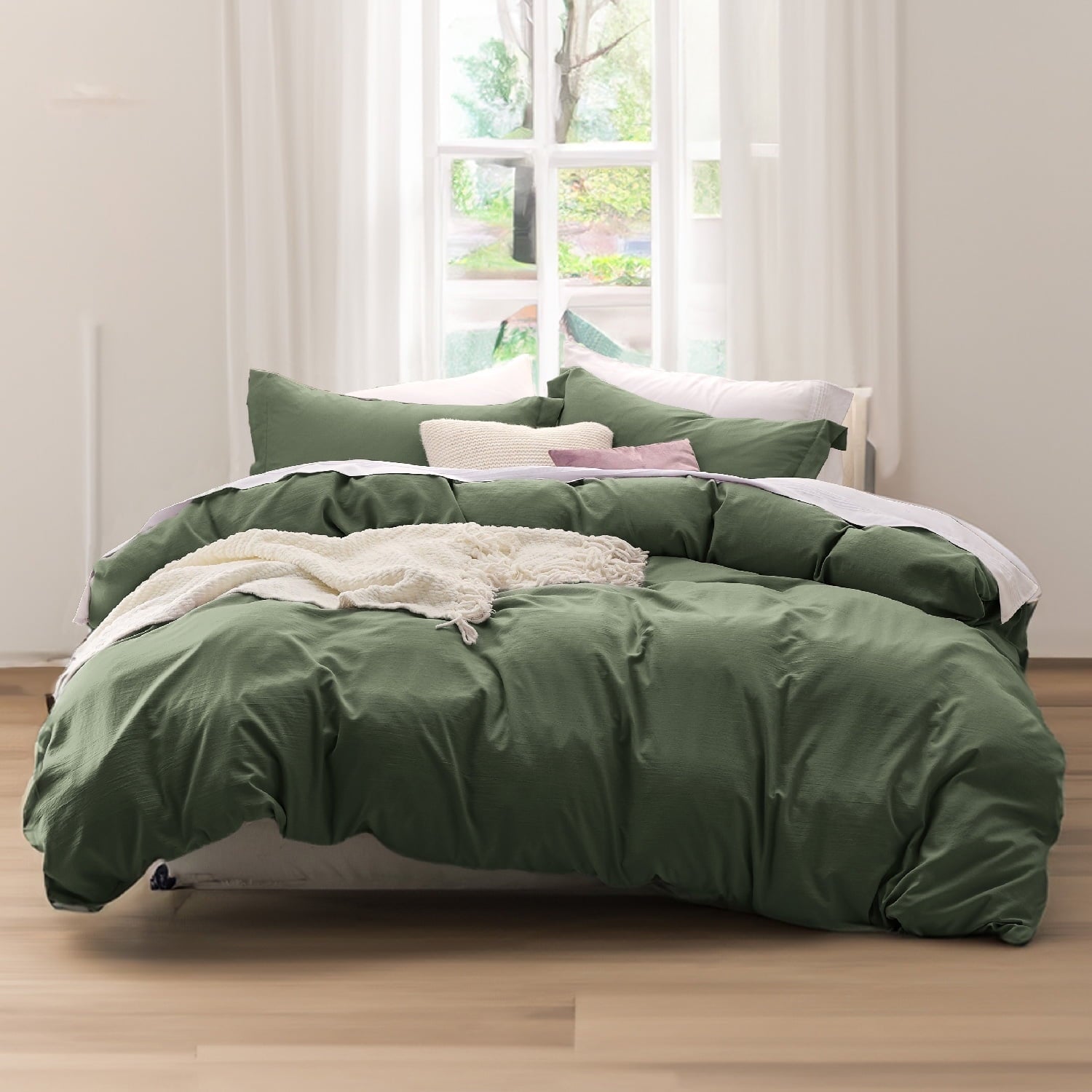 Cozy Comfort by Bedsure Olive Green Duvet Cover Queen Size - Soft Prewashed Queen Duvet Cover Set, 3 Pieces, 1 Duvet Cover 90x90 Inches with Zipper Closure and 2 Pillow Shams