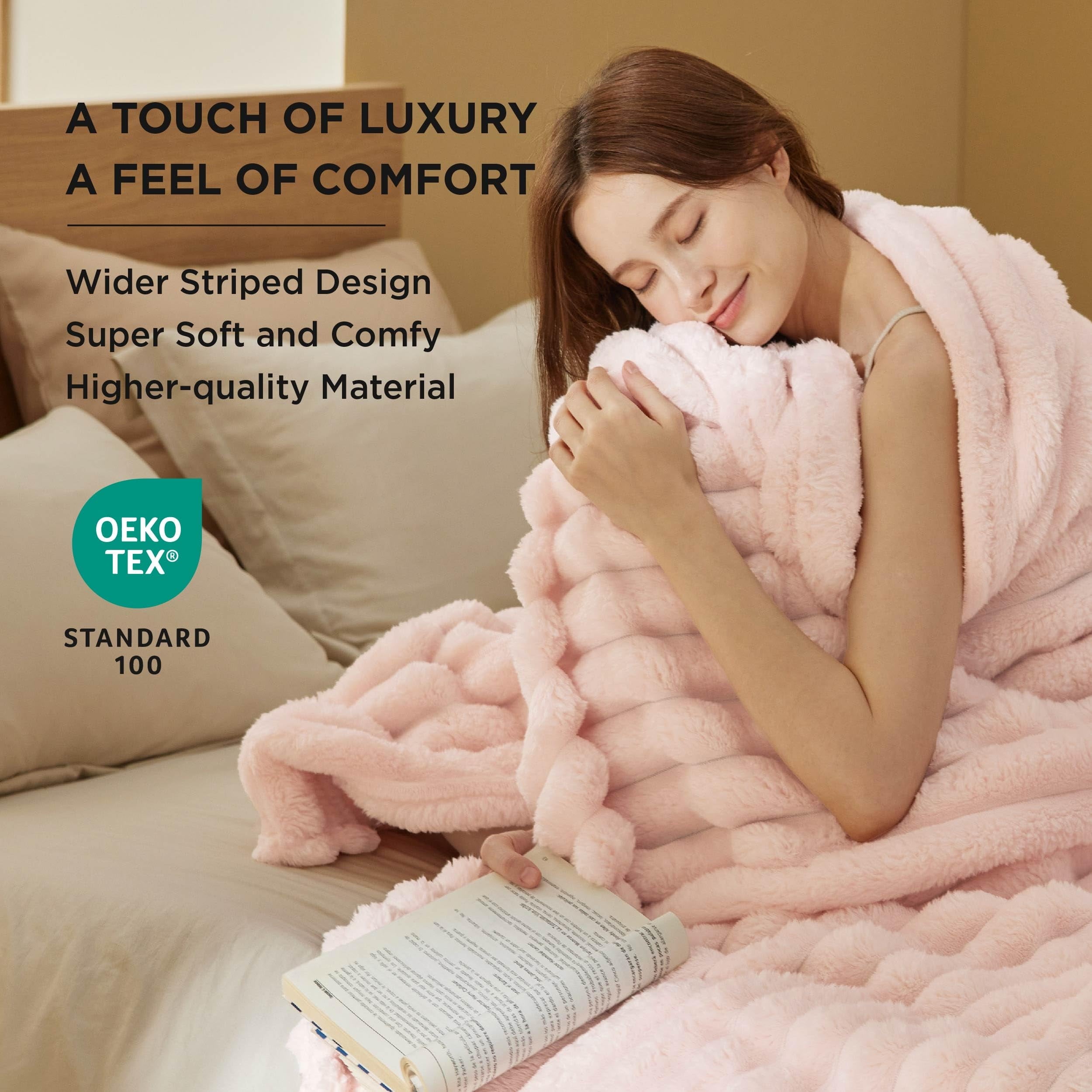 Cozy Comfort Blankets Queen Size for Bed Wider Striped Cute Large Fleece Throws for Girls Pink 90x90 inches