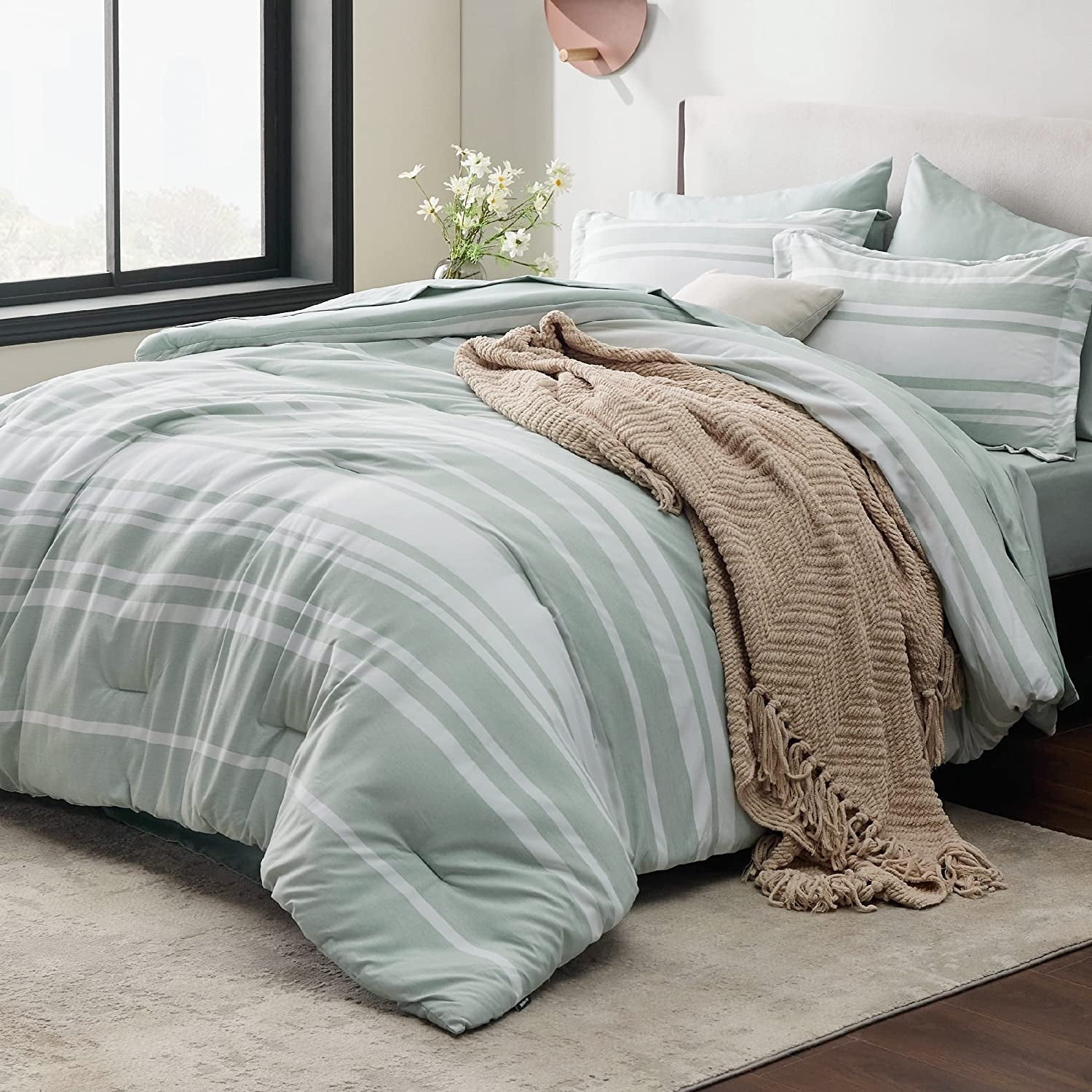 Cozy Comfort Bed in a Bag Full Size 7 Pieces, Sage Green White Striped Bedding Comforter Sets All Season Bed Set, 2 Pillow Shams, Flat Sheet, Fitted Sheet and 2 Pillowcases