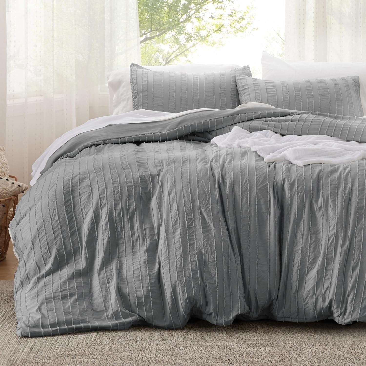 Cozy Comfort Boho Comforter Set Full - Grey Tufted, 3 Pieces Farmhouse Shabby Chic Embroidery Bed Set, Striped Pattern Comforter for All Seasons