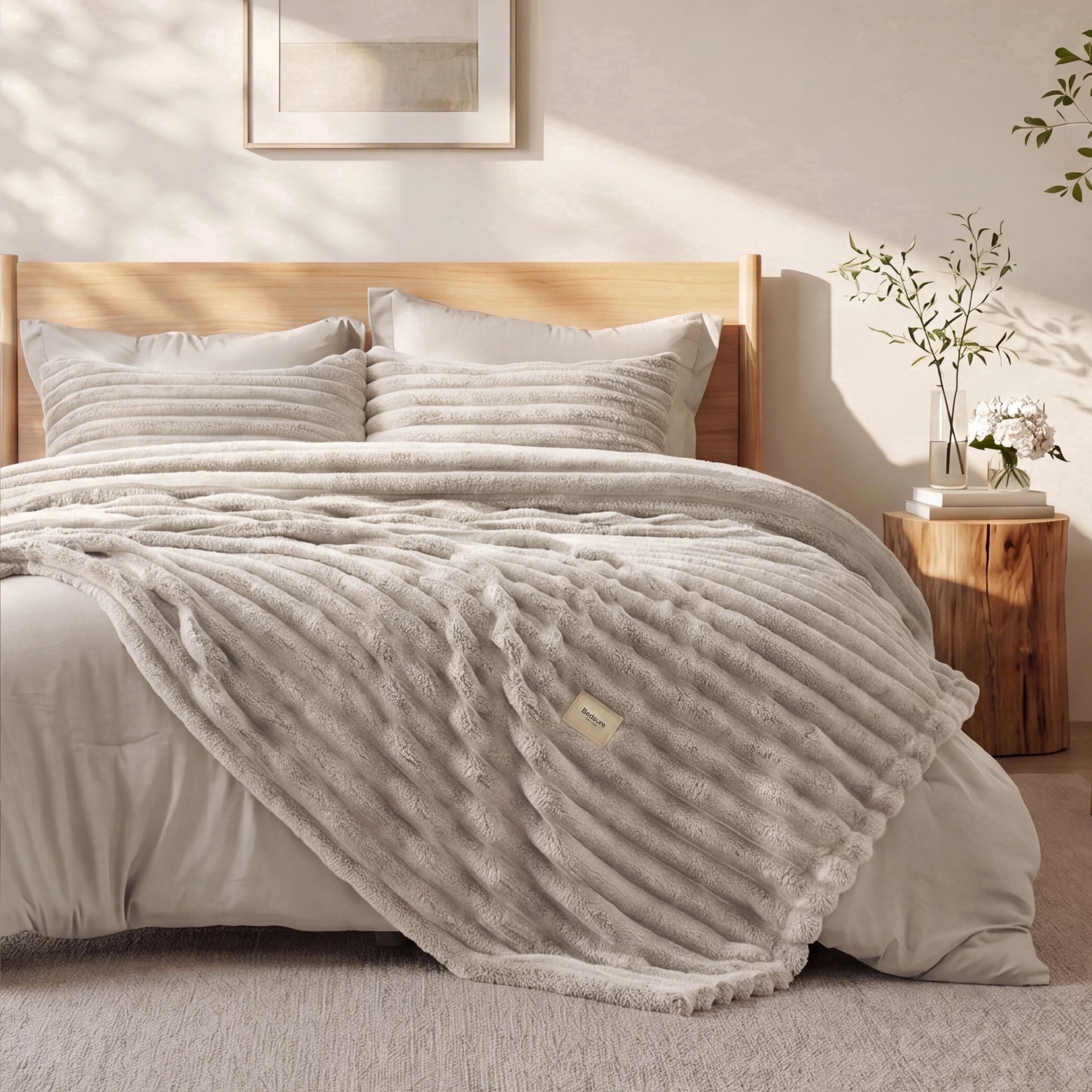 2-in-1 King Size Comforter Set and Detachable Fluffy Blanket, Beige Bedding Set for All Season Use, Includes 2 Pillow Shams, 2 Pillowcases