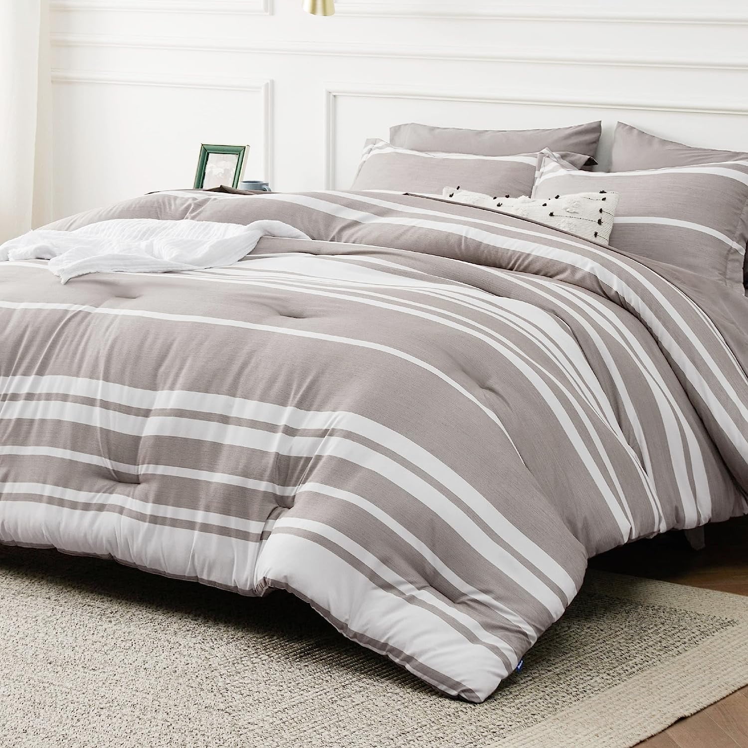 Cozy Comfort Bed in a Bag King 7 Pieces, Warm Taupe White Striped Bedding Comforter Sets All Season Bed Set, 2 Pillow Shams, Flat Sheet, Fitted Sheet and 2 Pillowcases