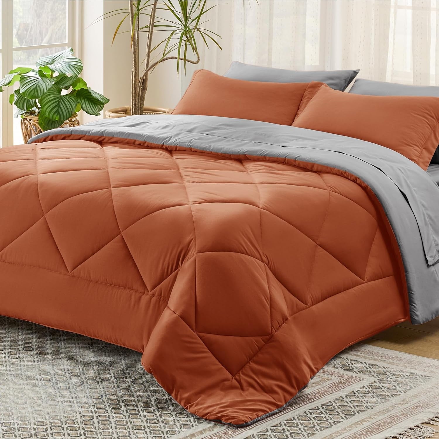 Cozy Comfort Burnt Orange King Size Comforter Set - 7 Pieces Reversible King Bed in a Bag King Bed Set with Comforters, Sheets, Pillowcases & Shams, King Bedding Sets