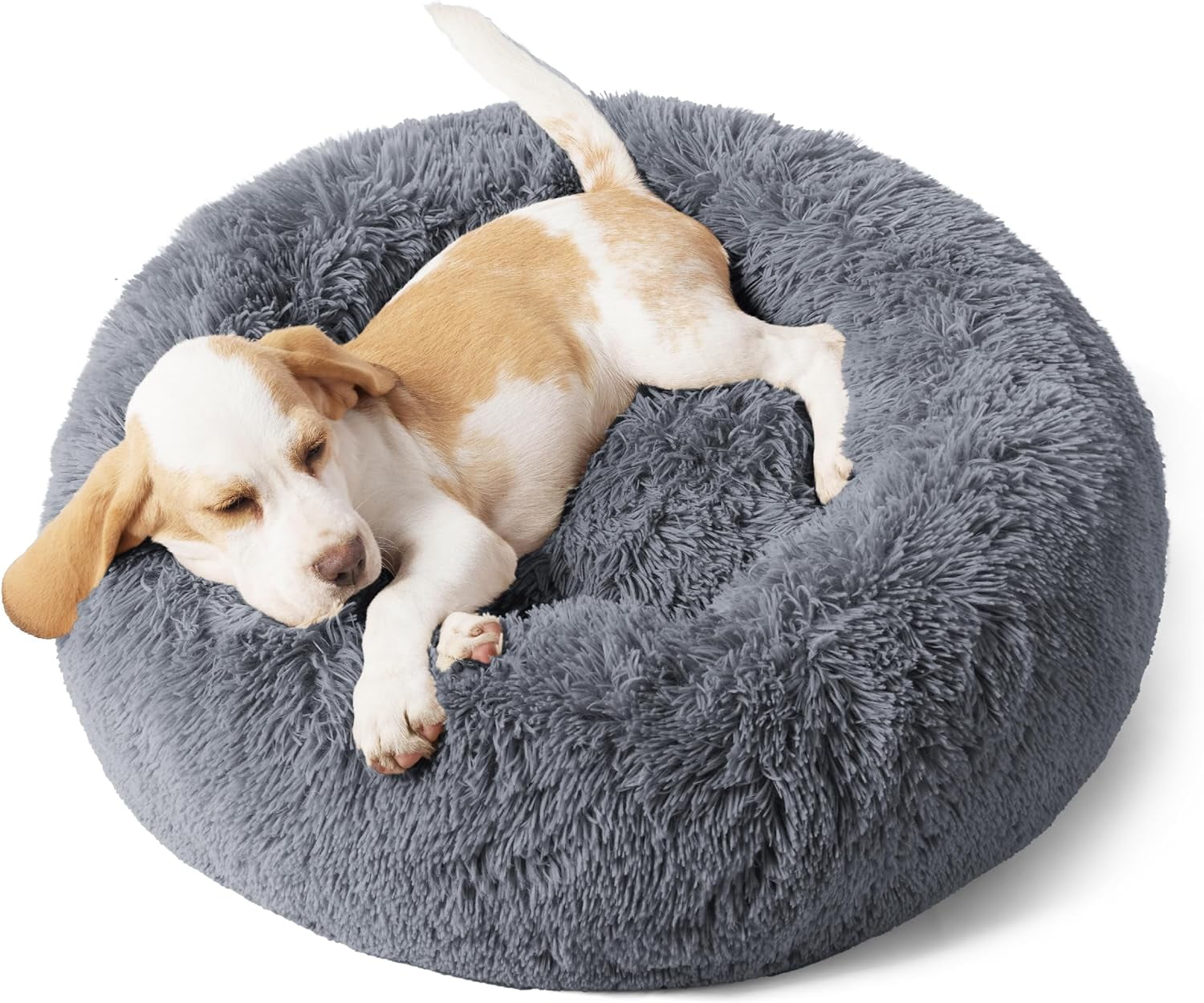 Cozy Comfort Calming Dog Bed for Small Dogs - Donut Washable Small Pet Bed, 23 inches Anti-Slip Round Fluffy Plush Faux Fur Large Cat Bed, Fits up to 25 lbs Pets, Dark Grey