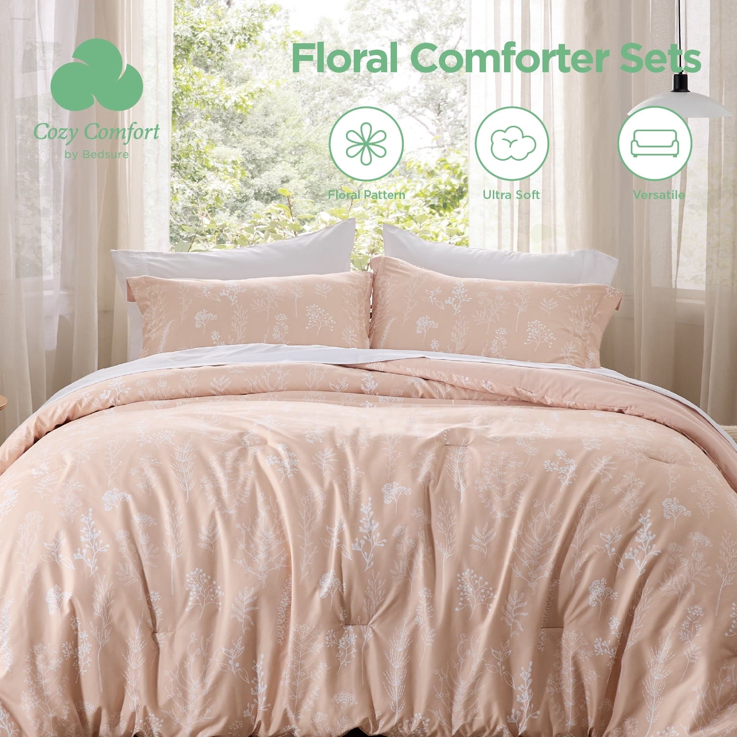 Cozy Comfort 3 Pieces Rose Dust Full Size Comforter Sets, Cute Flowers Botanical Lightweight Soft Bedding Set with 2 Pillow Shams