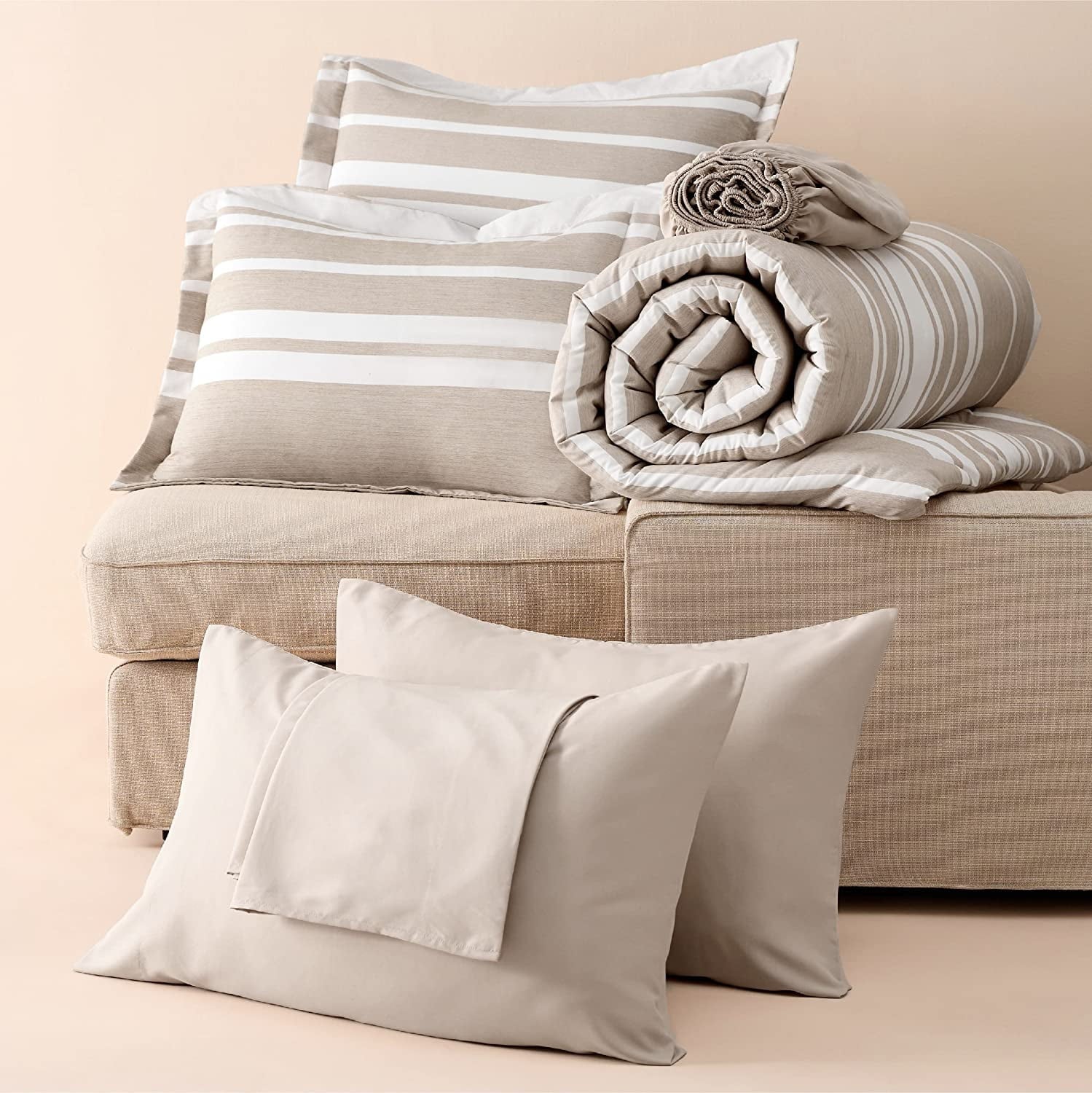 U by Bedsure Bed in a Bag Full Size 7 Pieces Light Camel White Striped Bedding Comforter Sets All Season Bed Set 2 Pillow Shams Flat Sheet Fitted Sheet and 2 Pillowcases