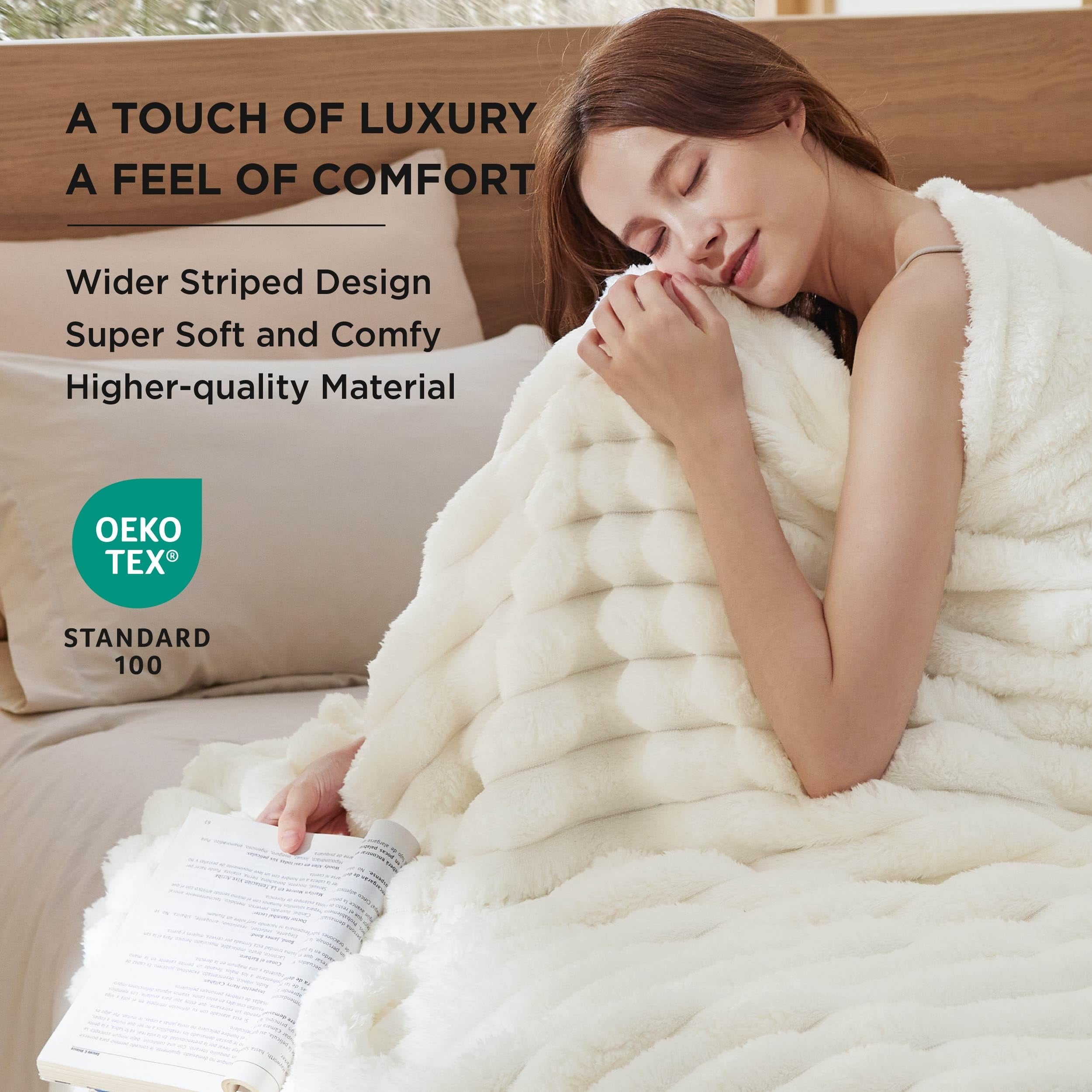 Cozy Comfort Blankets Queen Size for Bed Wider Striped Cute Large Fleece Throws for Girls White 90x90 inches