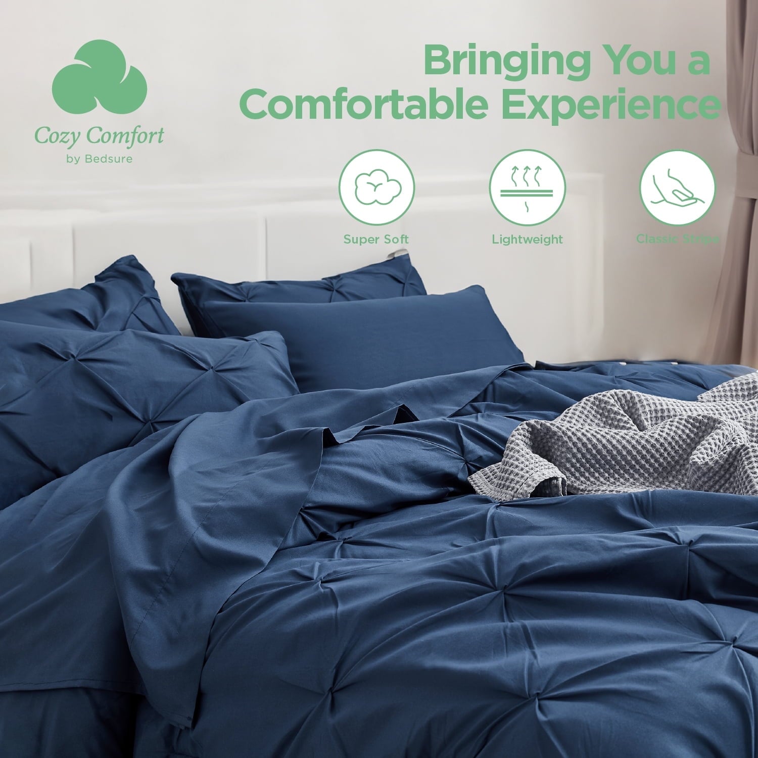 Cozy Comfort by Bedsure Cal King Comforter Set Navy - 7 Pieces Pintuck Bed in A Bag, Bed Set with Comforters, Sheets, Pillowcases & Shams