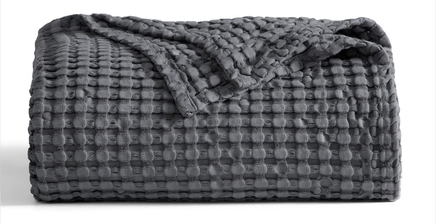 Cozy Comfort Cooling Cotton Waffle Breathable Rayon Derived from Bamboo Queen Blanket,Dark Grey,90x90 inches