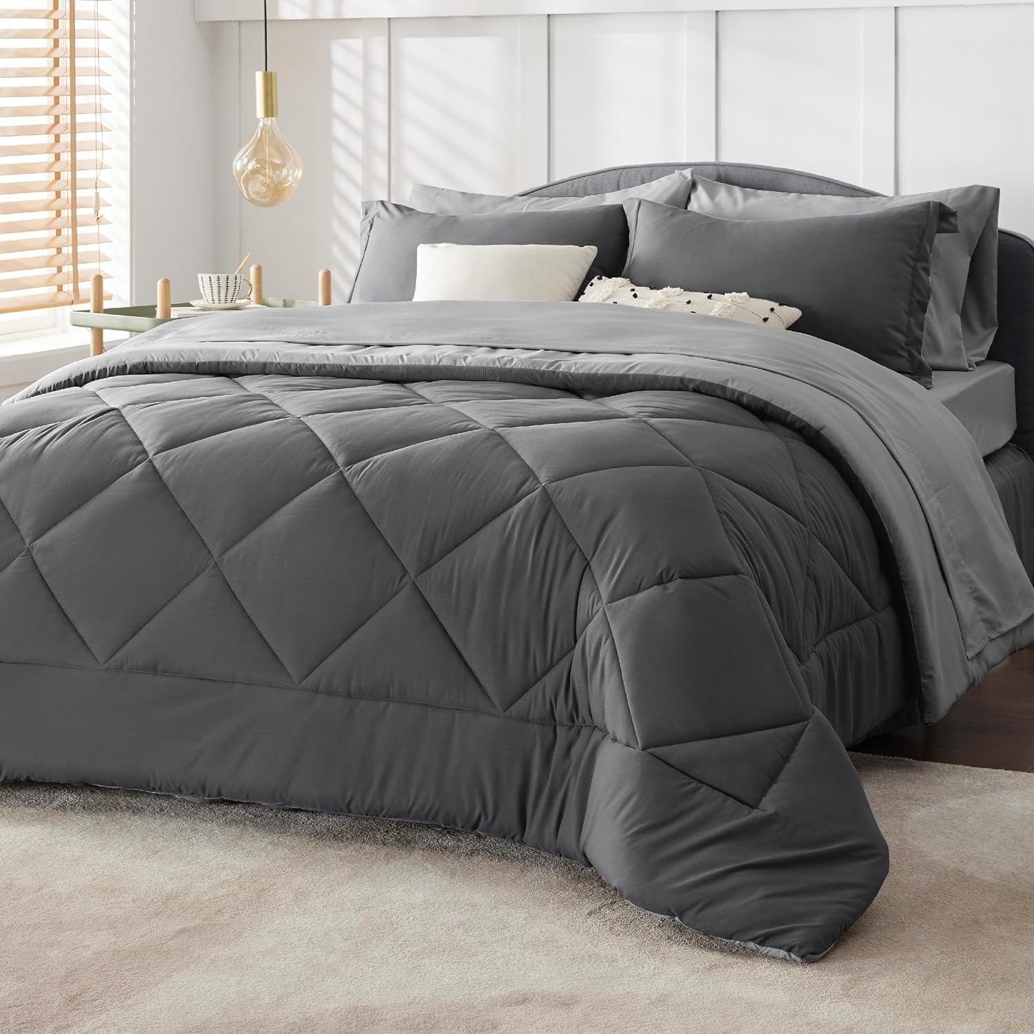 Cozy Comfort Dark Grey Queen Comforter Set - 7 Pieces Reversible Queen Bed in a Bag, Queen Bed Set Dark Grey with Comforters, Sheets, Pillowcases & Shams