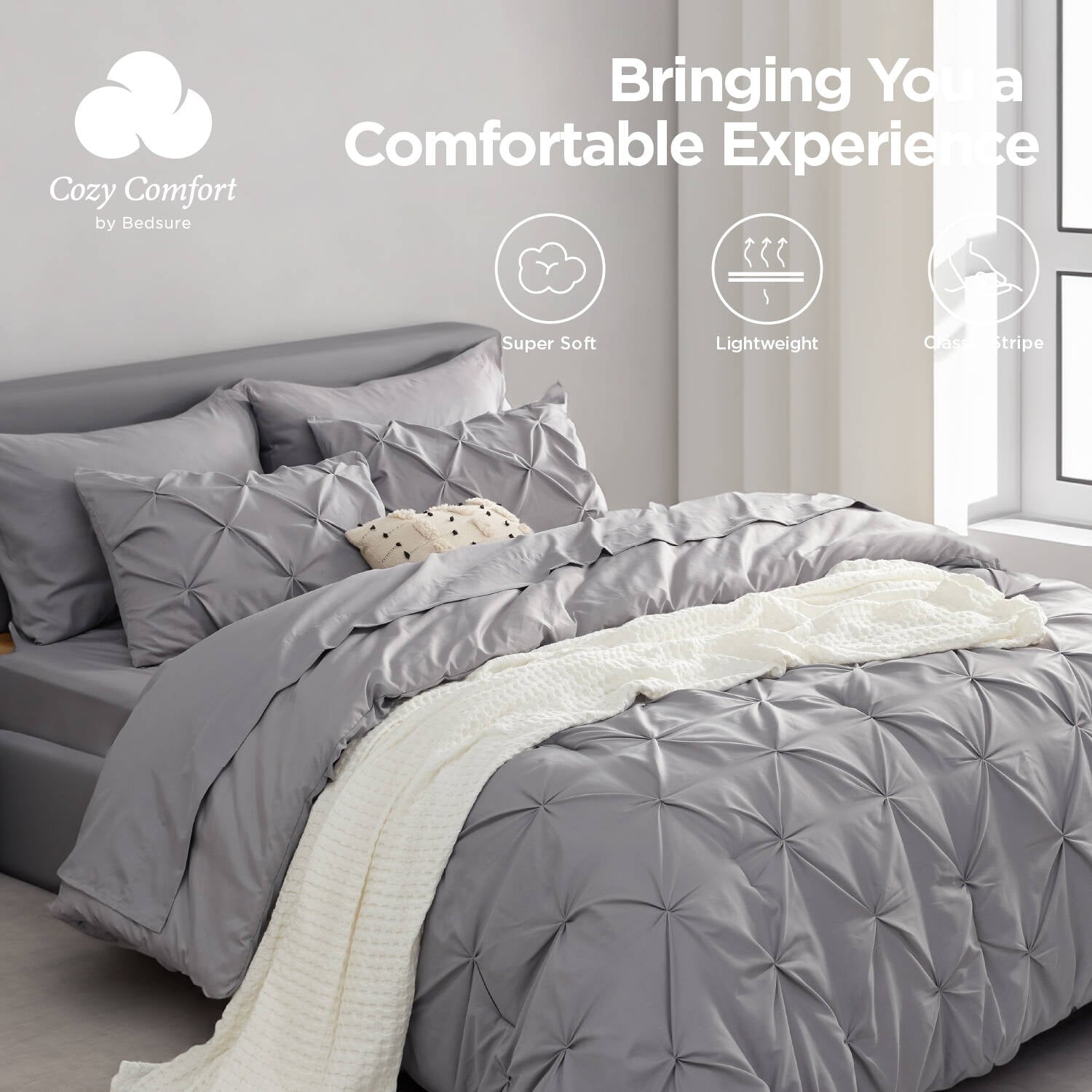 Cozy Comfort by Bedsure King Comforter Set 7 Pieces- Pinch Pleat Grey Bed in A Bag with Comforters, Sheets, Pillowcases & Shams