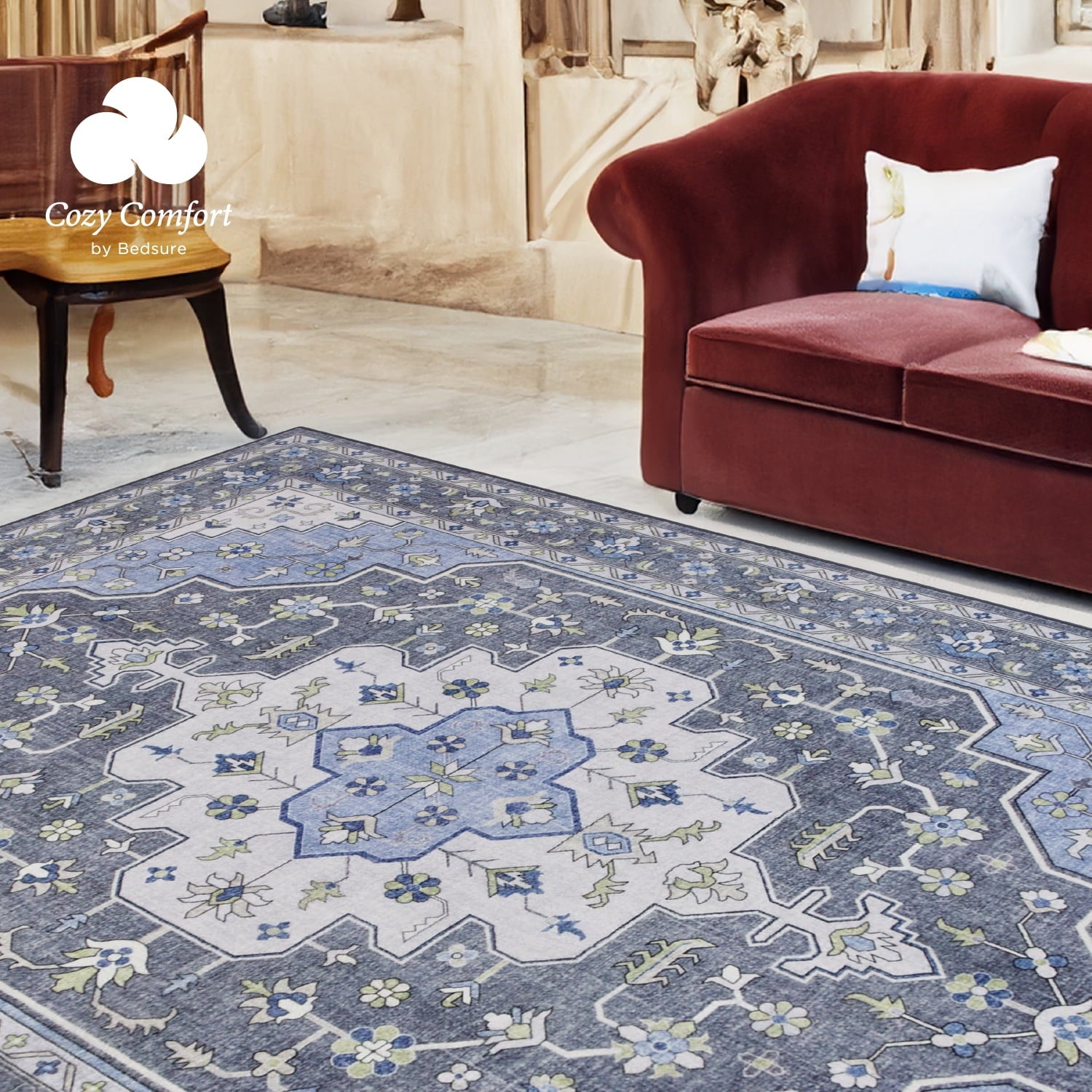 Cozy Comfort 5x7 Area Rugs for Living Room, Machine Washable Rugs, Vintage Rug, Non-Slip Backing, Non-Shedding, Low Pile Easy Care Throw Rugs for Bedroom Dining Room, Grey