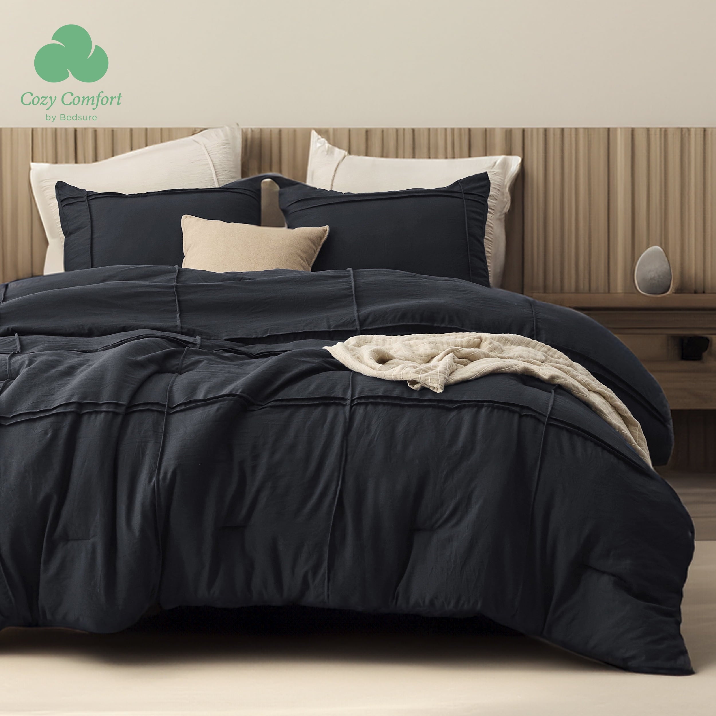 Cozy Comfort by Bedsure Twin Comforter Set with Sheet - 3 Pieces Soft Black Bedding Sets, Grid Pinch Pleat, All Season Lightweight Fluffy Bed Set with Solid Boho Comforter, Pillowcase & Sheet