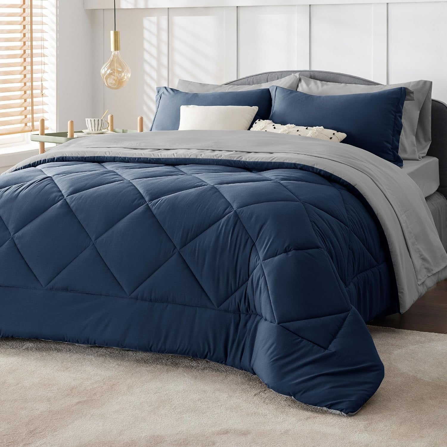 U by Bedsure Navy Comforter Set King - 7 Pieces Reversible King Navy Bed in a Bag, Bed Sets King with Comforters, Sheets, Pillowcases & Shams, Navy King Bedding Set