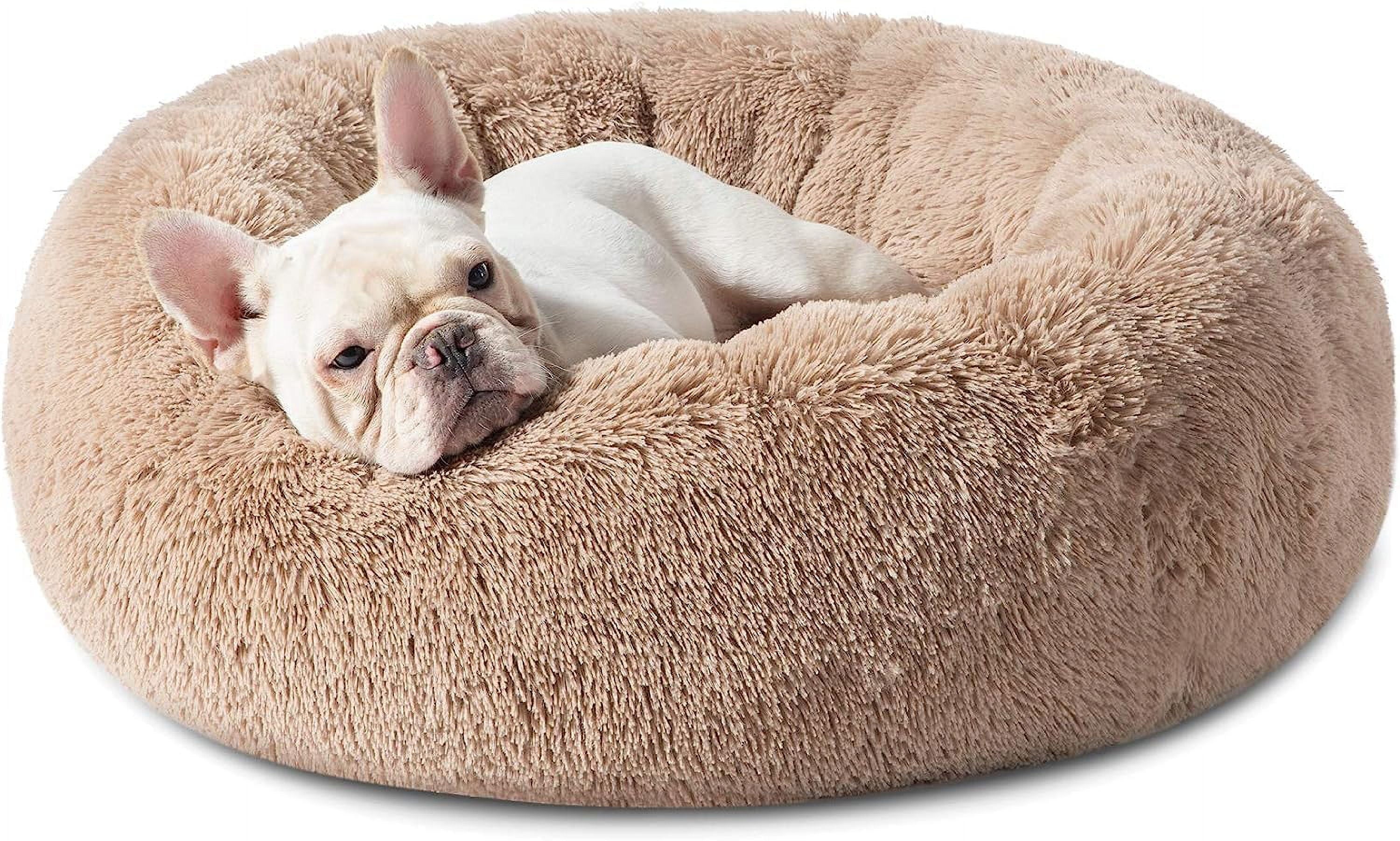 Cozy Comfort Calming Dog Bed for Medium Dogs - Donut Washable Medium Pet Bed, 30 inches Anti-Slip Round Fluffy Plush Faux Fur Cat Bed, Fits up to 45 lbs Pets, Camel