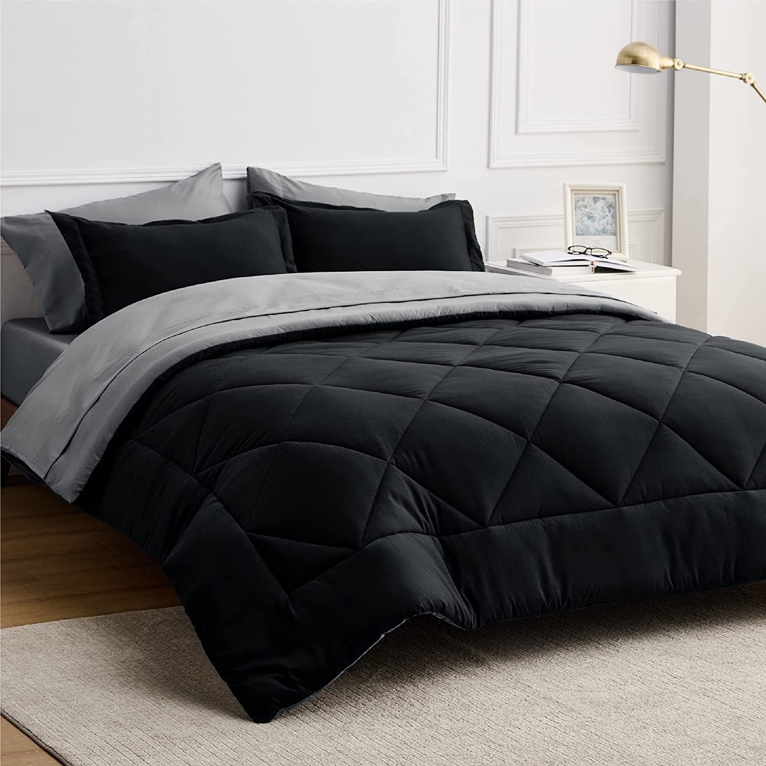 Cozy Comfort Black Comforter Set Full - 7 Pieces Reversible Bed in a Bag with Comforters, Sheets, Pillowcases & Shams