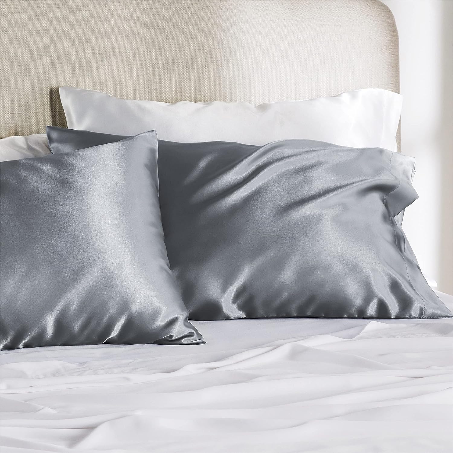 Bedsure Satin Pillowcase 2 Pack Standard with Envelope Closure for Hair and Skin???Space Grey