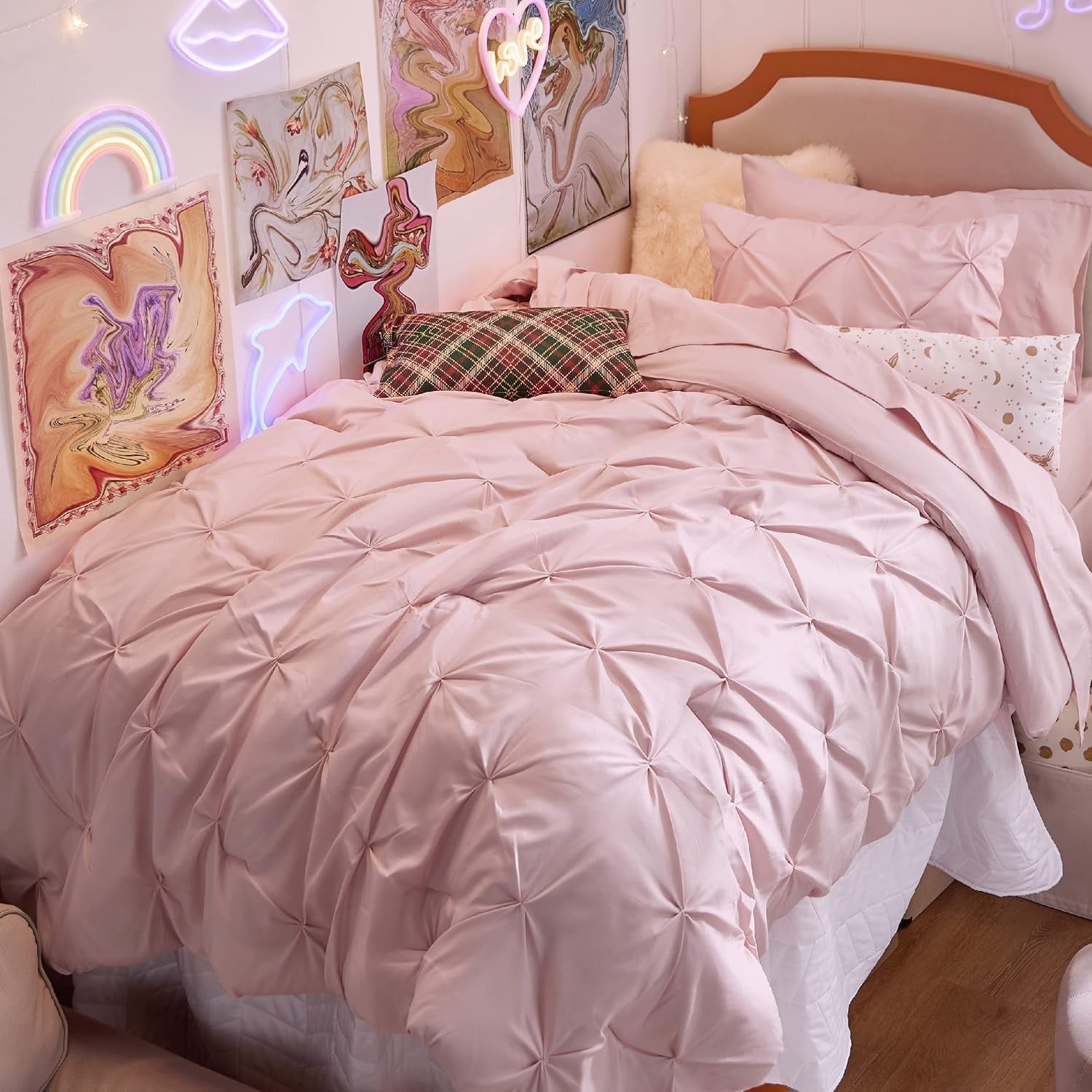 U by Bedsure Pink Twin Comforter Set - 5 Pieces Pintuck Bed in a bag with Comforters, Sheets, Pillowcases & Shams