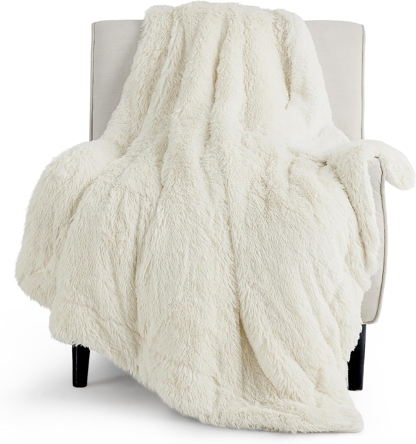 Cozy Comfort Faux Fur Twin Blanket Cream Fluffy Blankets & Throws Shaggy Faux Fur Blanket, 60x80 inches
