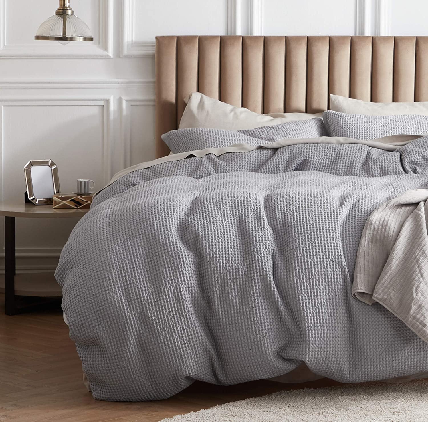 Cozy Comfort Cotton Duvet Cover Queen - 100% Cotton Waffle Weave Grey Duvet Cover, Soft and Breathable Duvet Cover Set for All Season (Queen, 90"x90")
