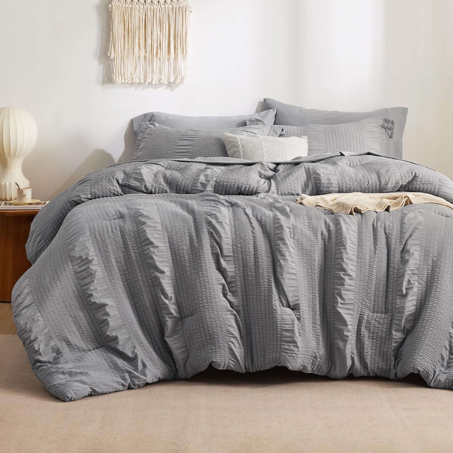 Cozy Comfort Bed in a Bag Queen - Queen Comforter Set 7 Piece Stripes Seersucker Bedding Set, Soft Lightweight Down Alternative Comforter Queen Bed Set(Grey, Queen)