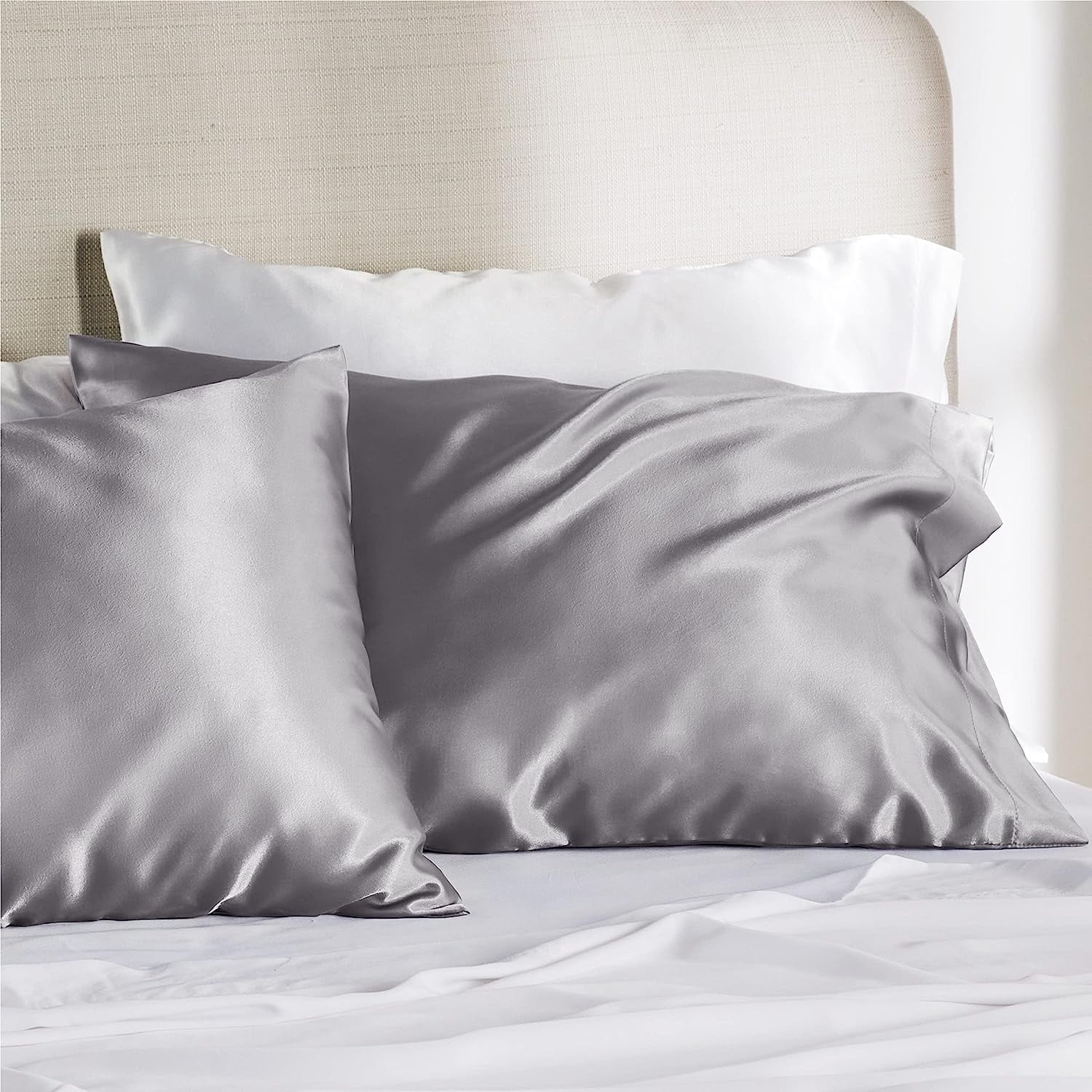 Bedsure Satin Pillowcase 2 Pack King 20x36 with Envelope Closure for Hair and Skin???Silver Grey