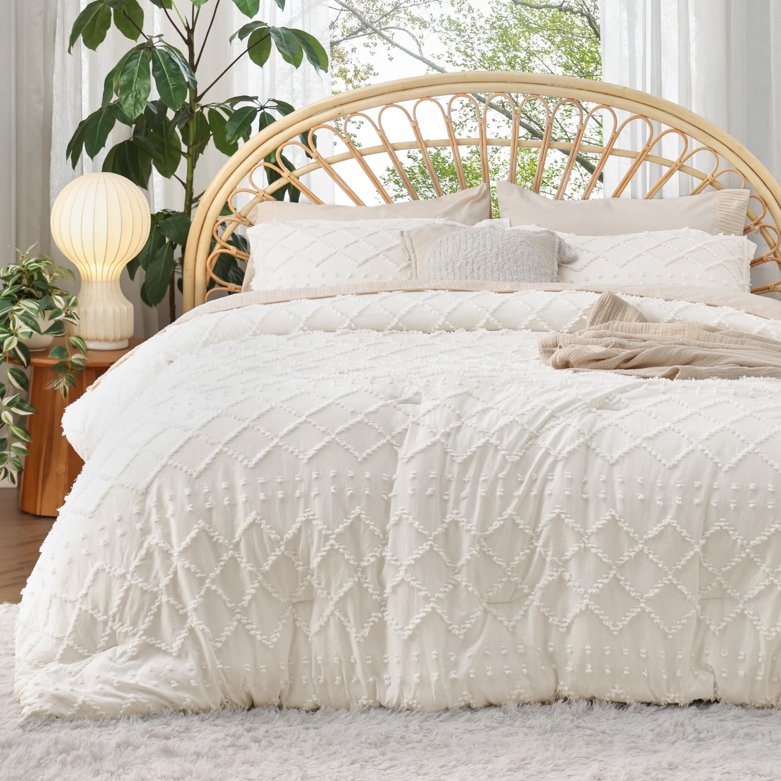 Cozy Comfort Comforter Set, Boho Tufted Shabby Chic Bedding Comforter Set, 2 Pieces Vintage Farmhouse Bed Set for All Seasons, Soft Bedding Set with 1 Pillow Sham,Twin,Ivory
