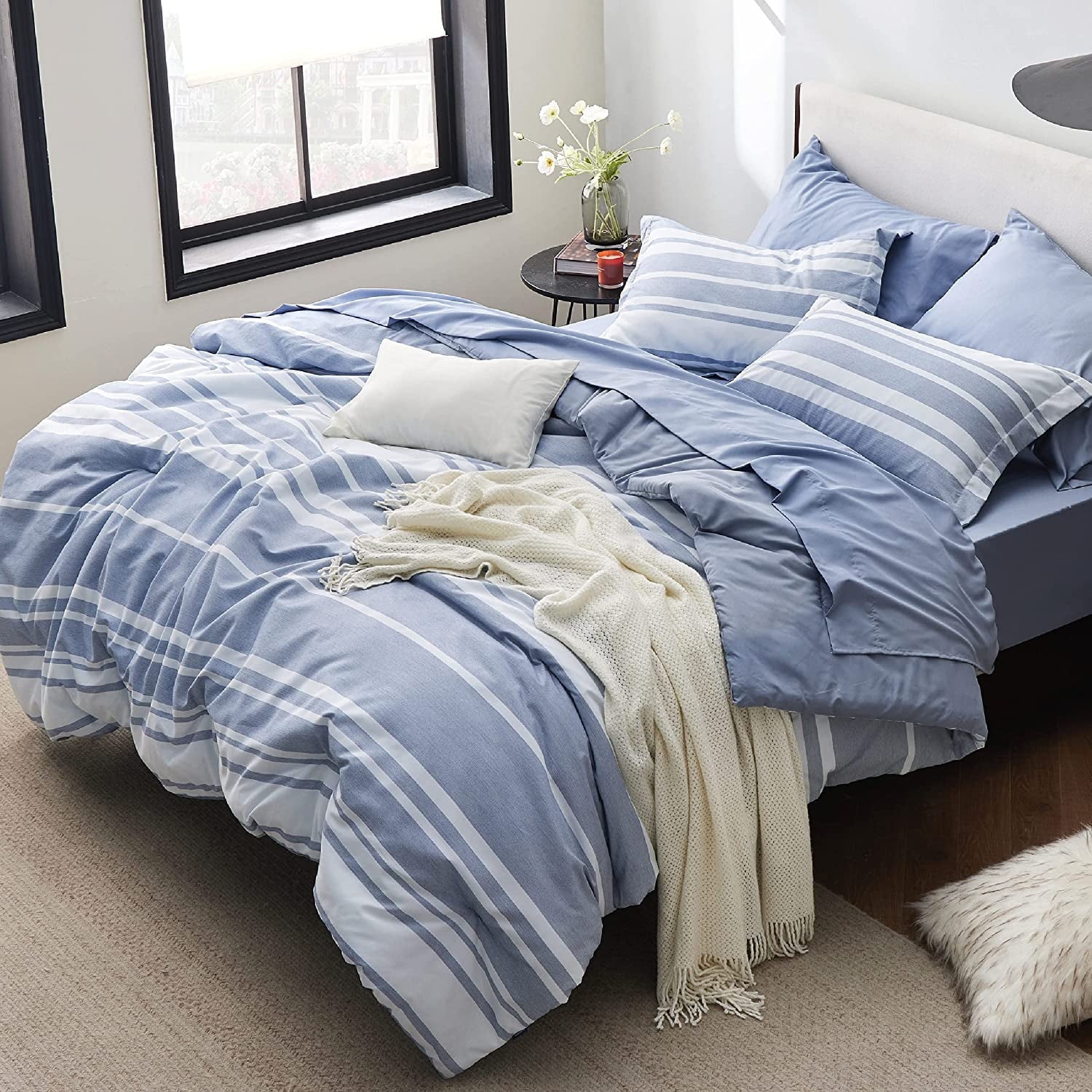 Cozy Comfort Bedding Sets Queen 7 Pieces, Striped Blue Comforter Set Queen All Season Bed Set, Bed in a Bag Queen with Comforter, Sheets, Pillowcases & Shams