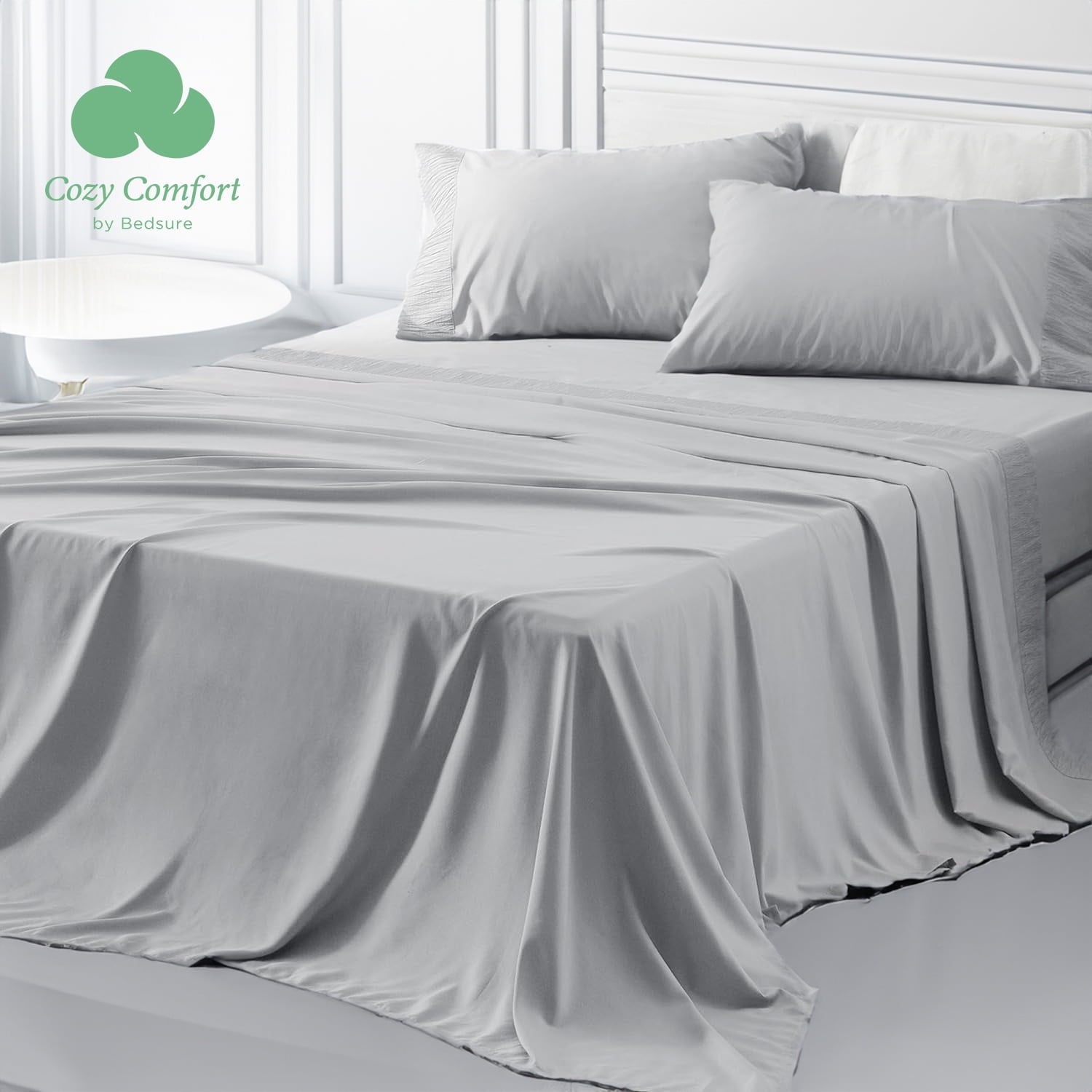 Cozy Comfort 4 Pieces Light Grey Sheets King Easy Care Polyester Microfiber Material Cooling Bed Sheet Set