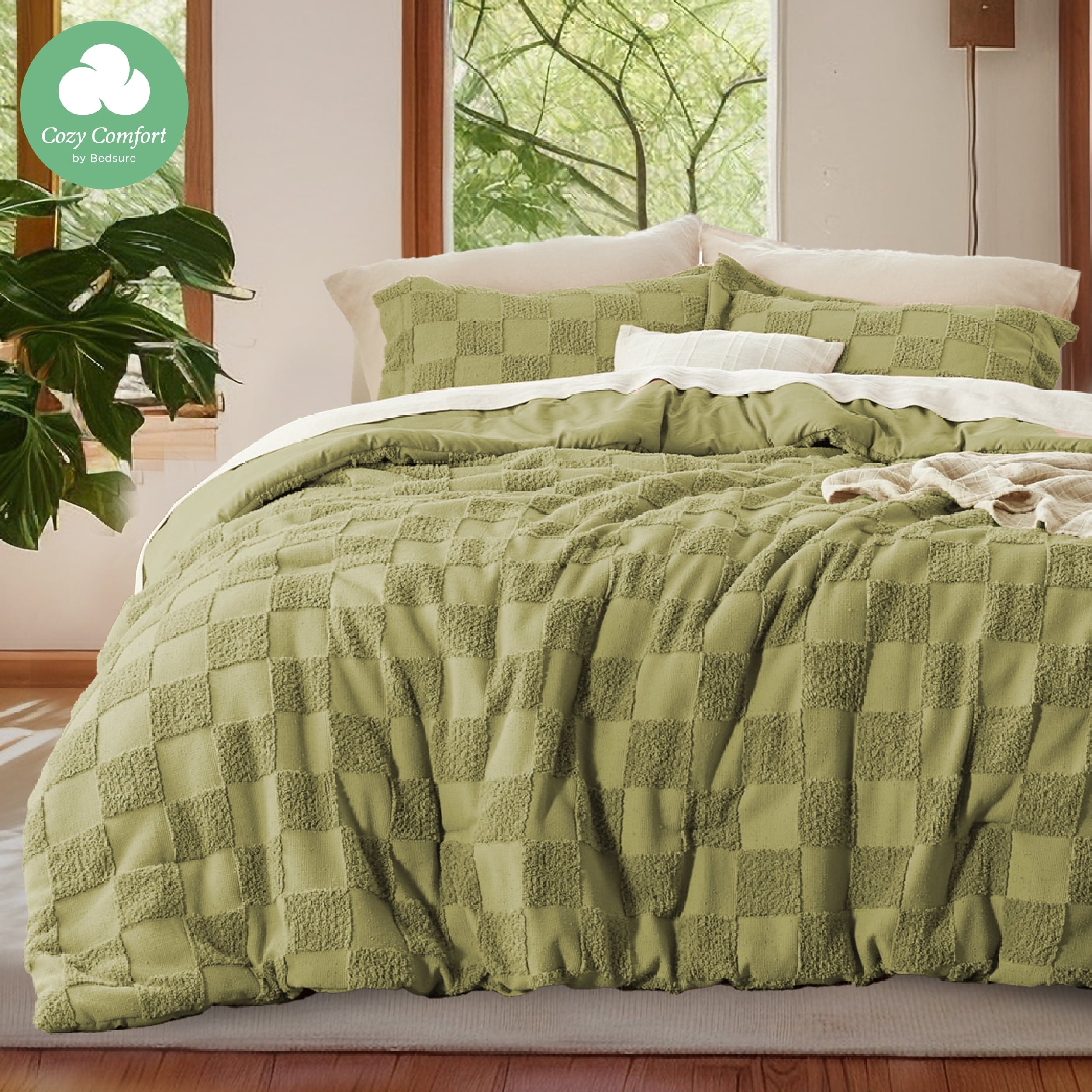Cozy Comfort by Bedsure Olive Green Comforter Set, Twin, Boho Tufted Checkered Farmhouse Bedding Comforter Set, 1 Plaid Geometric Comforter and 1 Pillow Shams