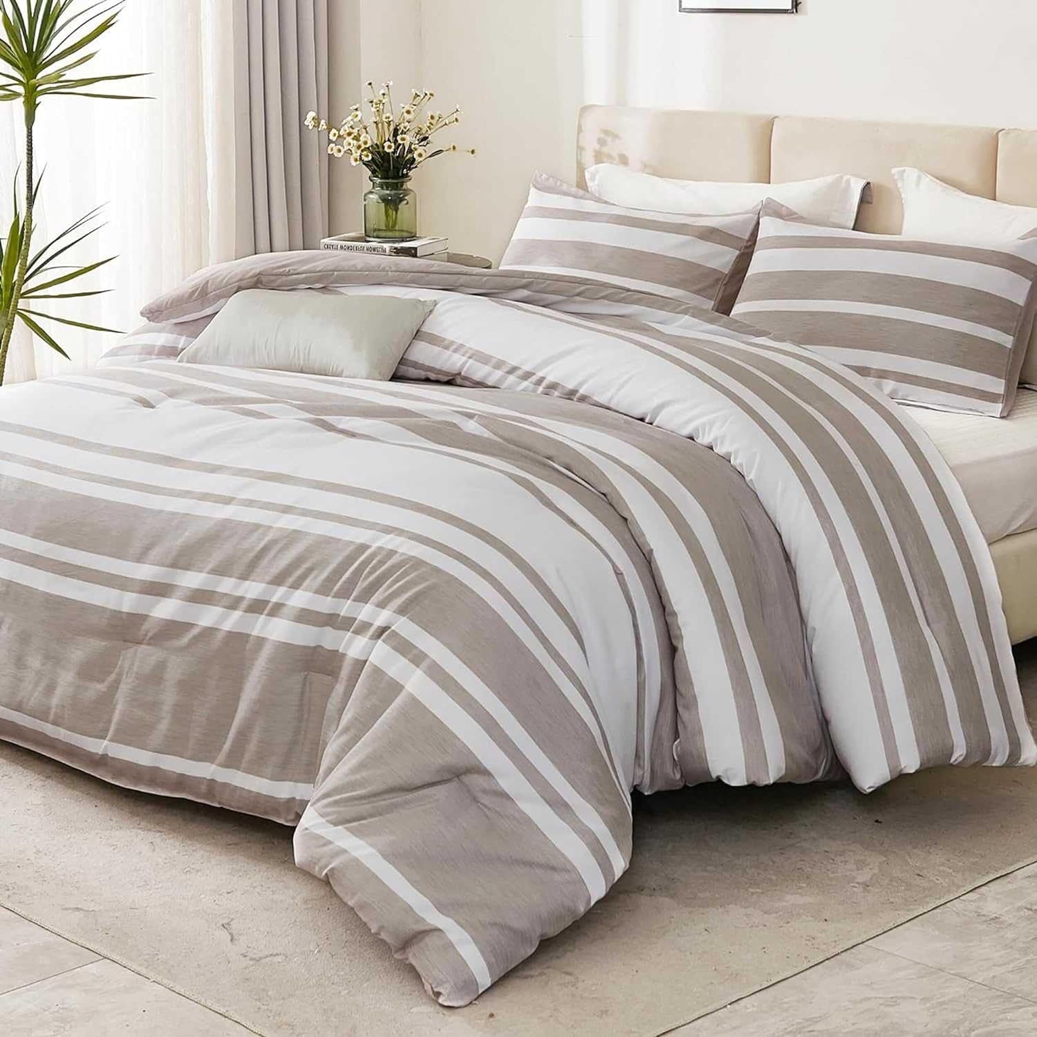 Cozy Comfort Bed in a Bag Queen Size 7 Pieces, Light Camel White Striped Bedding Comforter Sets All Season Bed Set Khaki, 2 Pillow Shams, Flat Sheet, Fitted Sheet and 2 Pillowcases