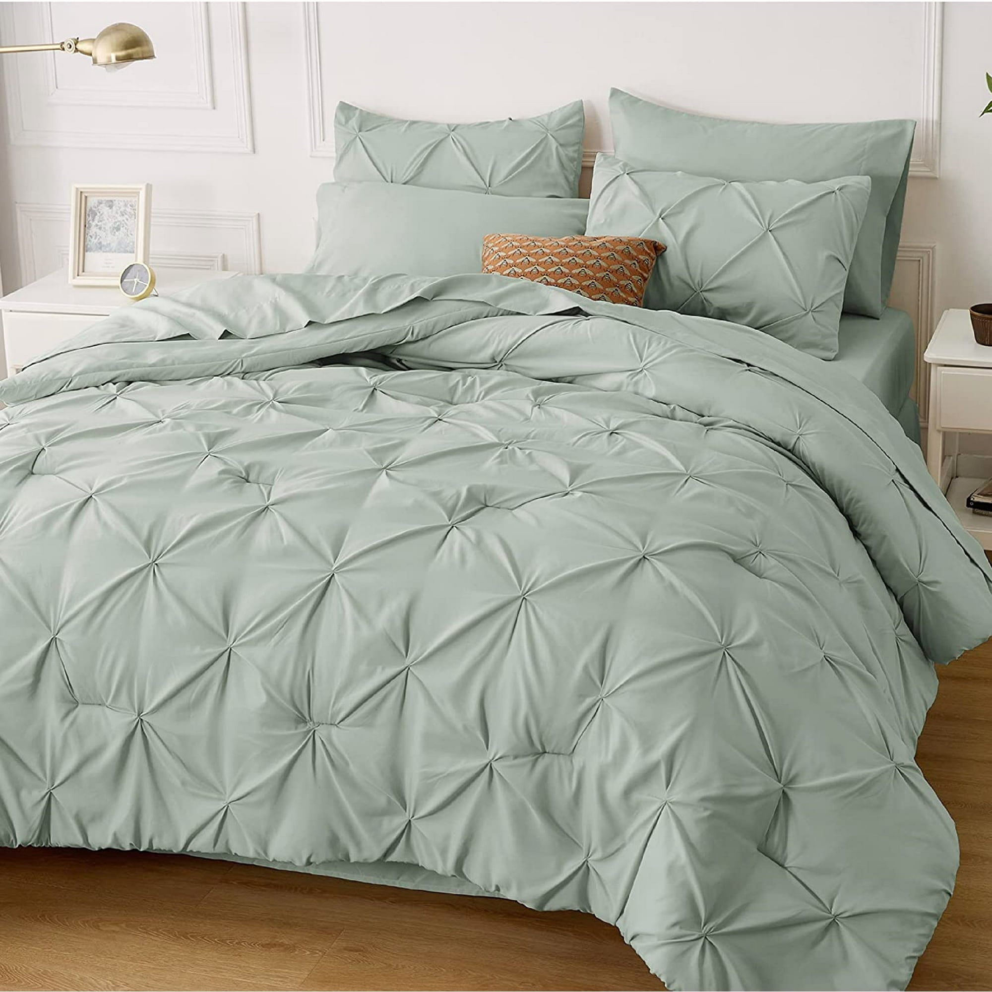 Cozy Comfort Cal King Comforter Set Sage Green  7 Pieces Pintuck Bed in A Bag Bed Set with Comforters Sheets Pillowcases Shams