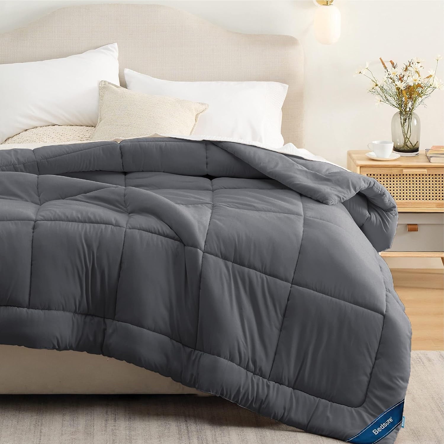 Cozy Comfort All Season Down Alternative Comforter Duvet Insert Machine Washable Quilted Reversible Duvet Insert with Corner Tabs Dark Grey Cal King 102x96 inches