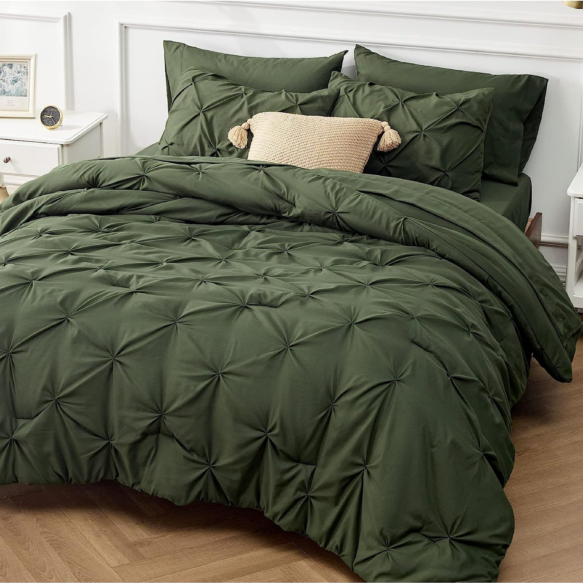 Cozy Comfort Cal King Comforter Set Olive Green - 7 Pieces Pintuck Bed In A Bag, Bed Set With Comforters, Sheets, Pillowcases & Shams